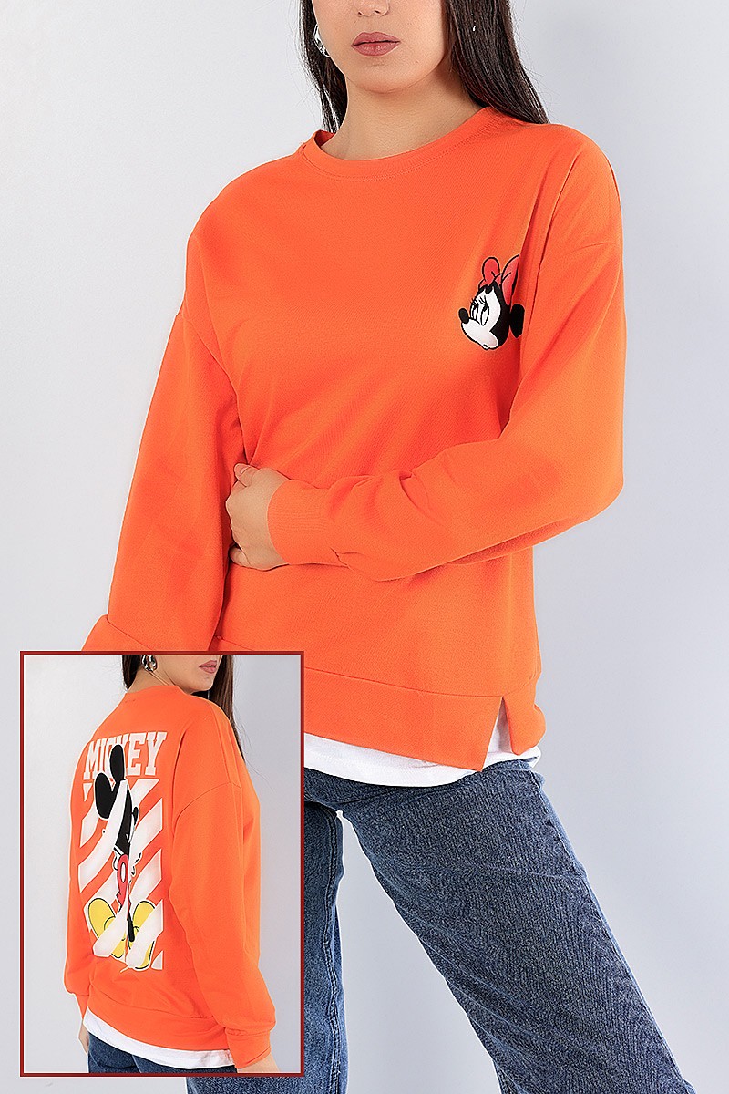 Turuncu Sırt Baskılı Garnili Bayan Sweat 81190