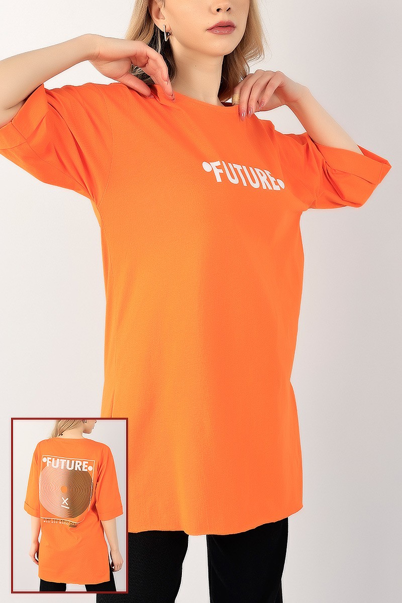 Turuncu Sırtı Baskılı Yırtmaçlı Tişört 100139
