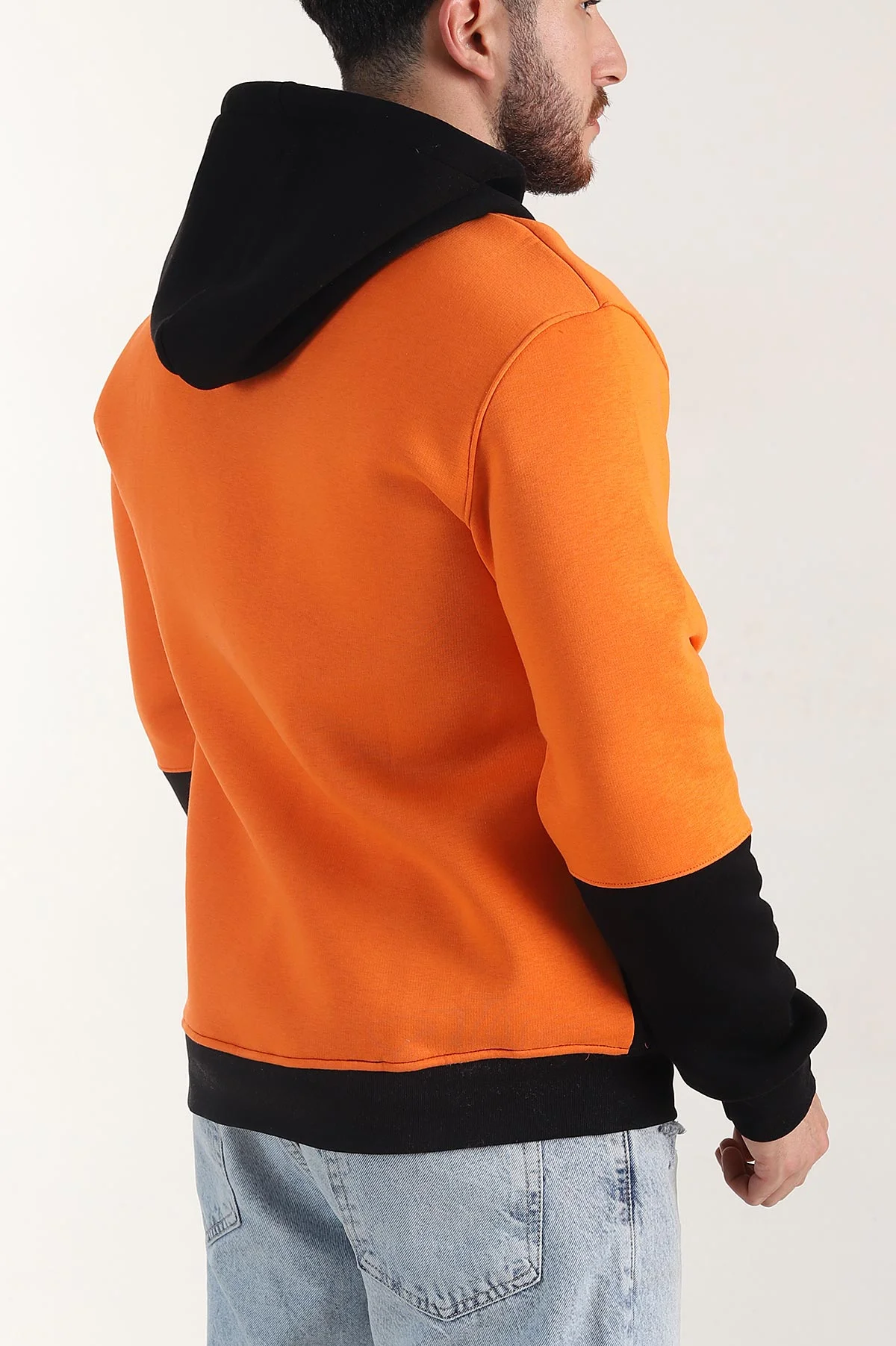 Turuncu Siyah Üç İp Şardonlu Kapüşonlu Yazı Detaylı Erkek Sweatshirt 404758