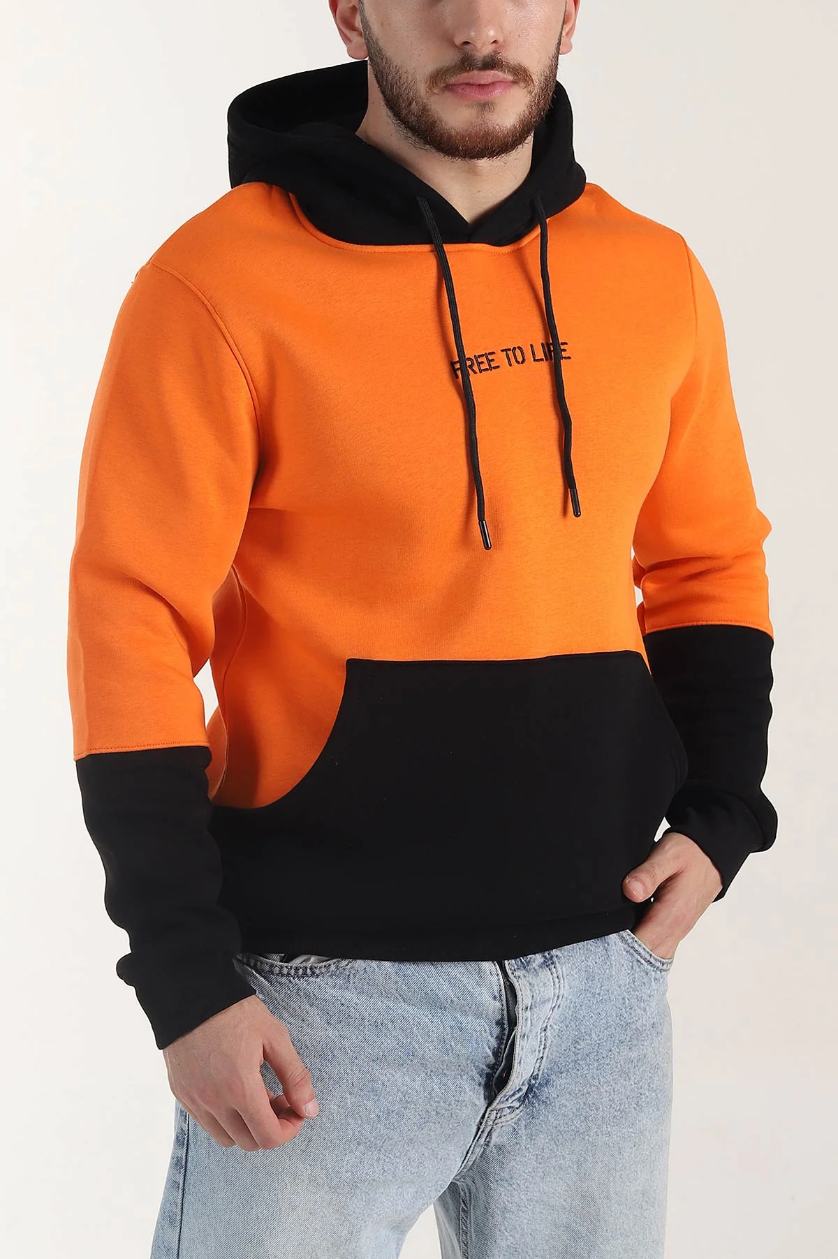 Turuncu Siyah Üç İp Şardonlu Kapüşonlu Yazı Detaylı Erkek Sweatshirt 404758