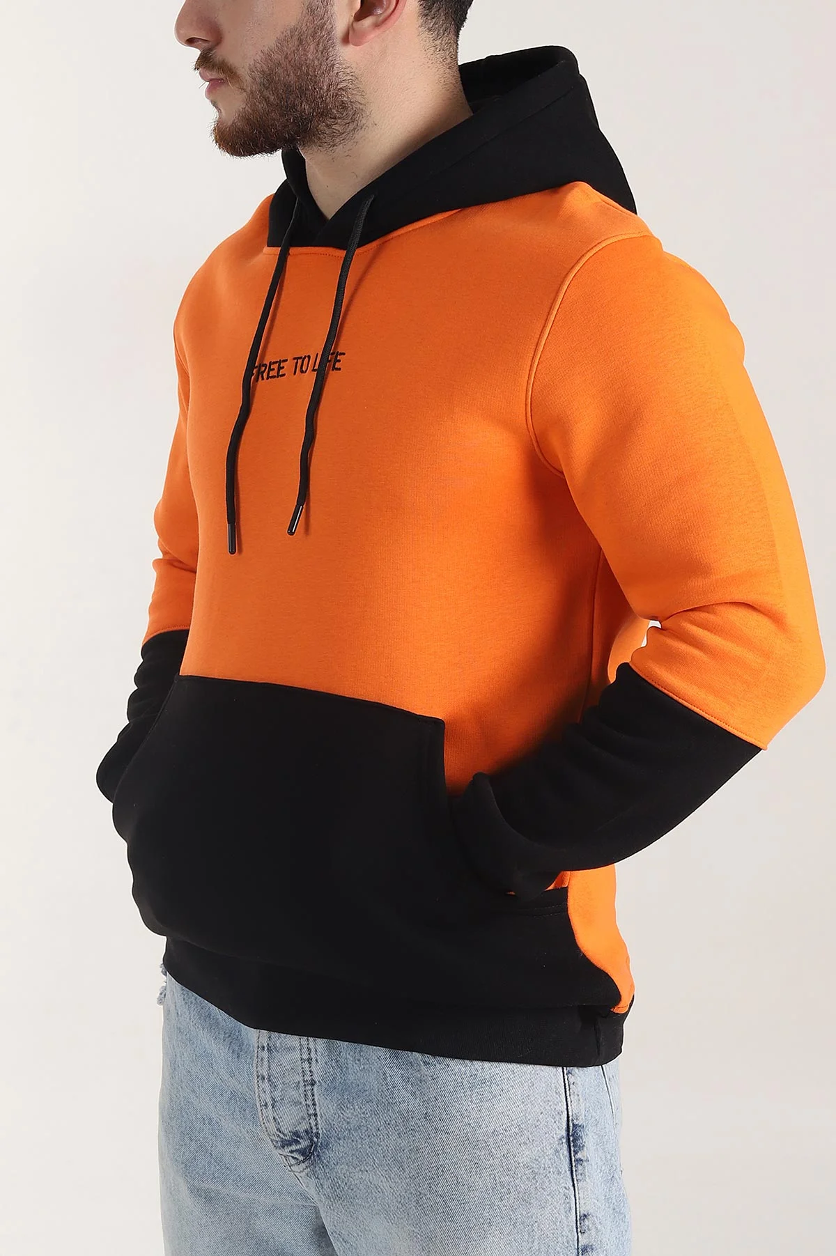 Turuncu Siyah Üç İp Şardonlu Kapüşonlu Yazı Detaylı Erkek Sweatshirt 404758