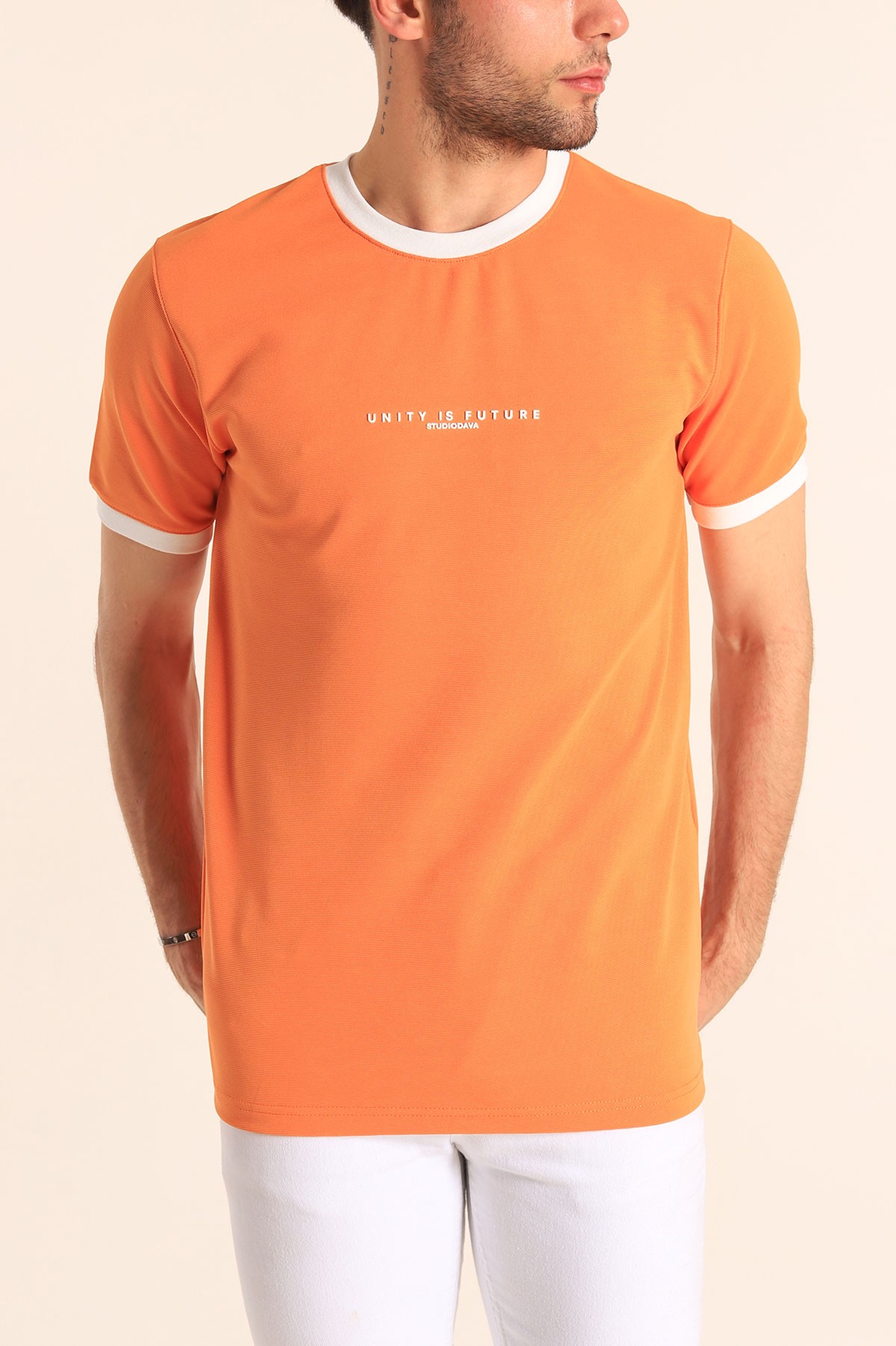 Turuncu Slim Fit Kabartma Yazılı Erkek Tişört 186800