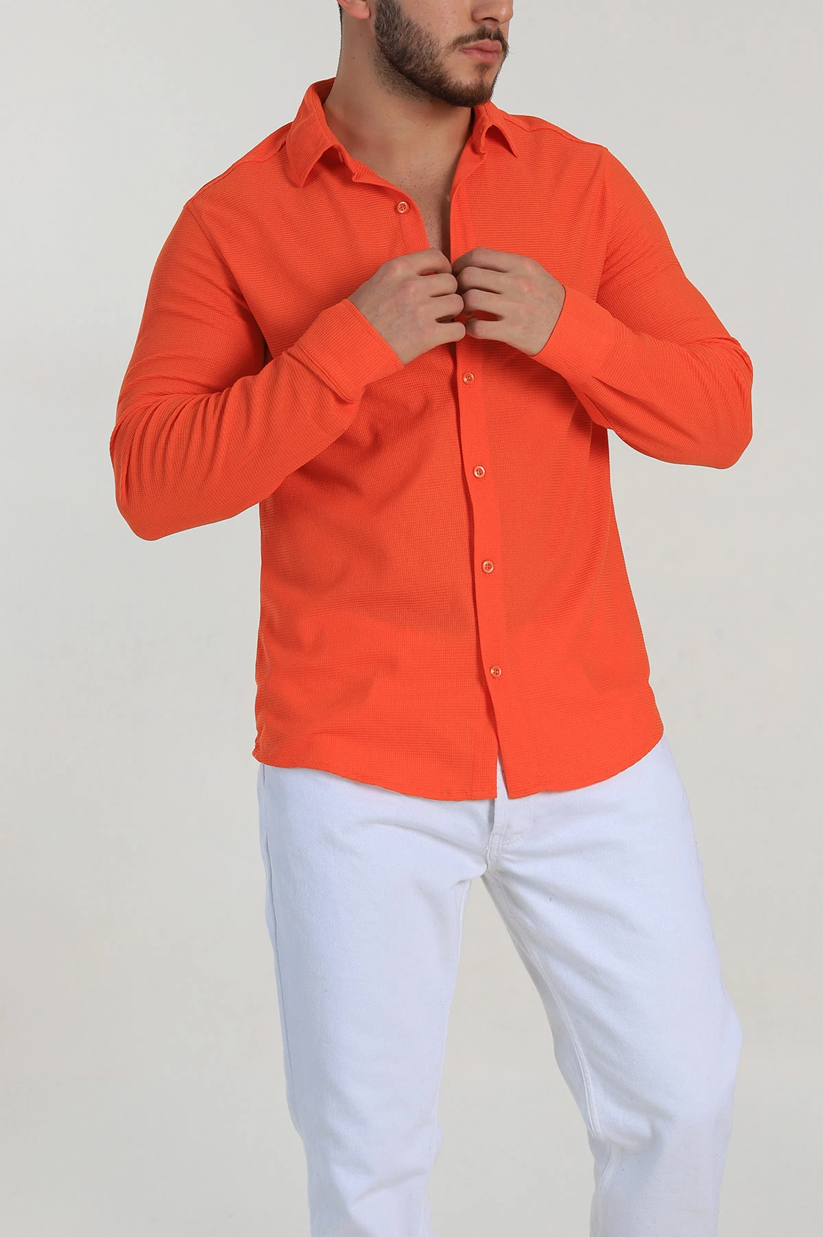 Turuncu Slim Fit Petek Dokulu Uzun Kollu Erkek Gömlek 325215
