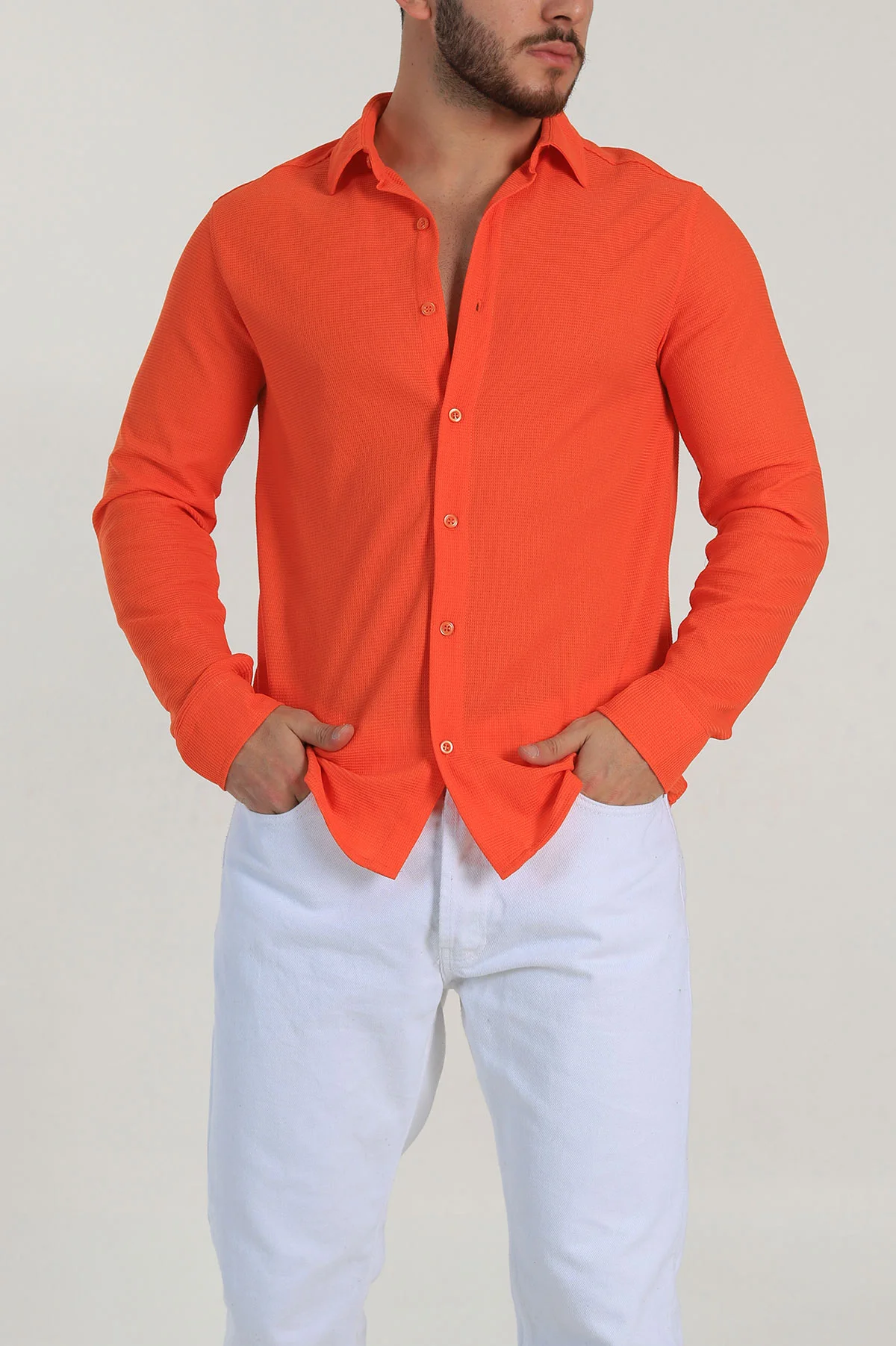 Turuncu Slim Fit Petek Dokulu Uzun Kollu Erkek Gömlek 325215