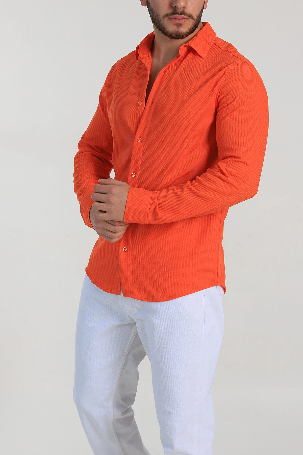 Turuncu Slim Fit Petek Dokulu Uzun Kollu Erkek Gömlek 325215