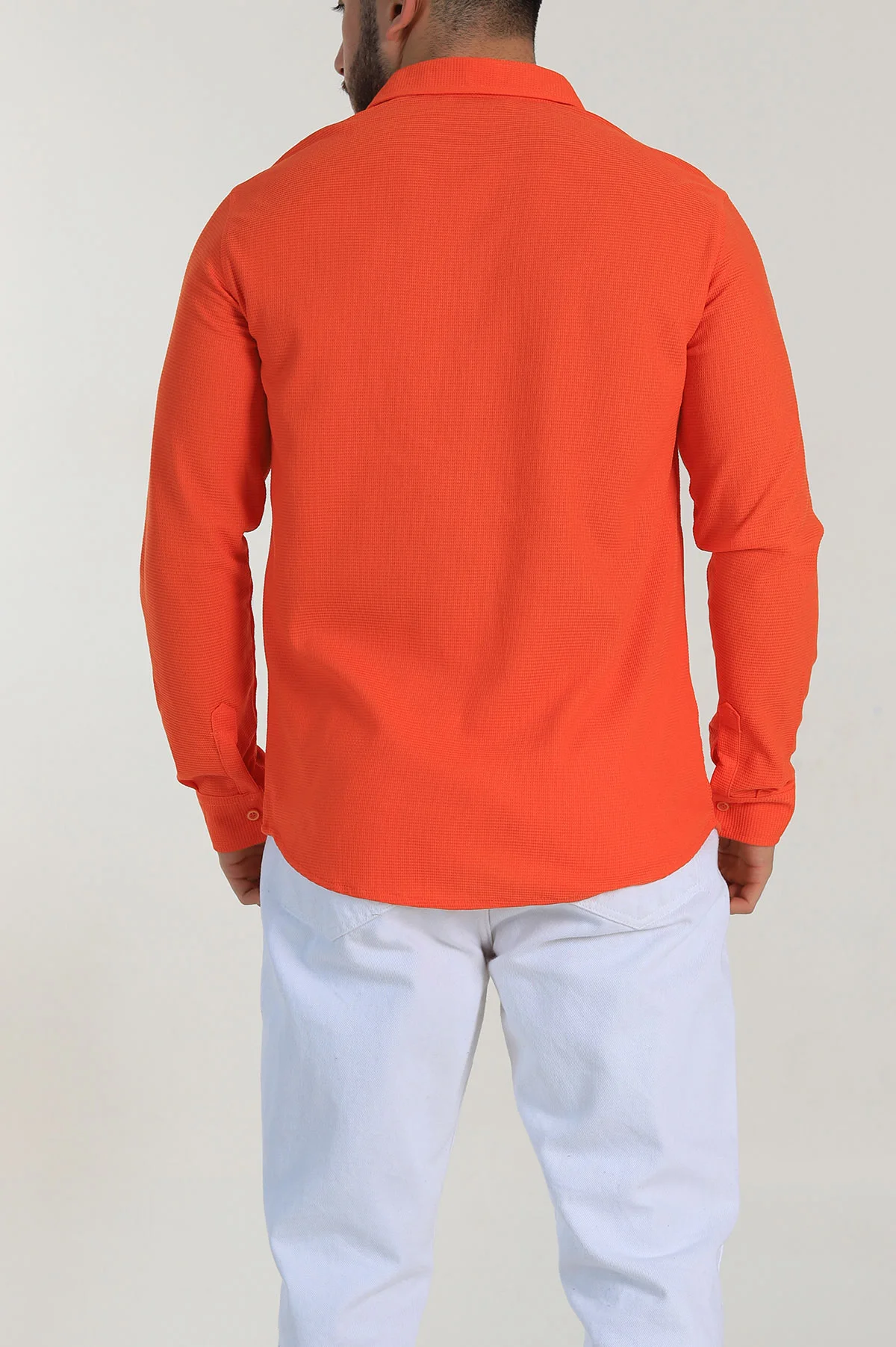 Turuncu Slim Fit Petek Dokulu Uzun Kollu Erkek Gömlek 325215