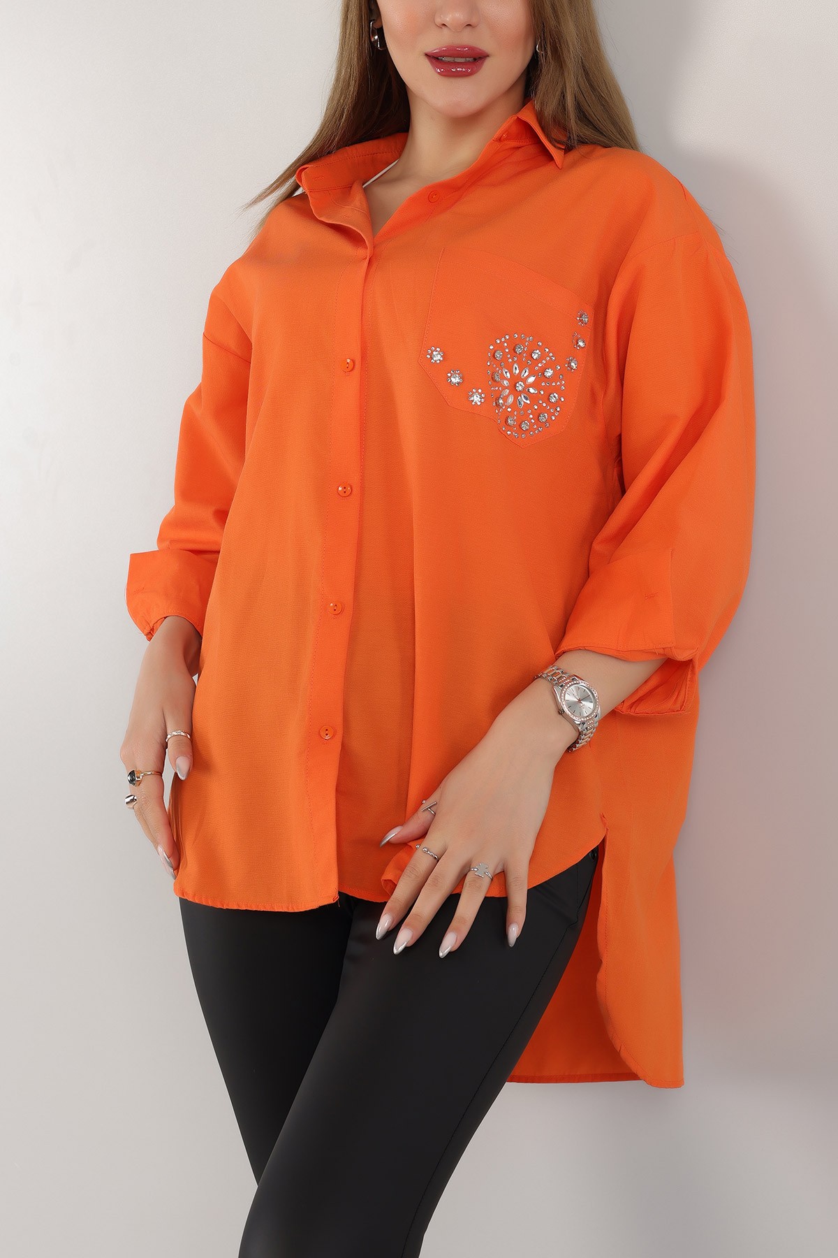 Turuncu Taş İşlemeli Poplin Dokuma Gömlek Tunik 159251