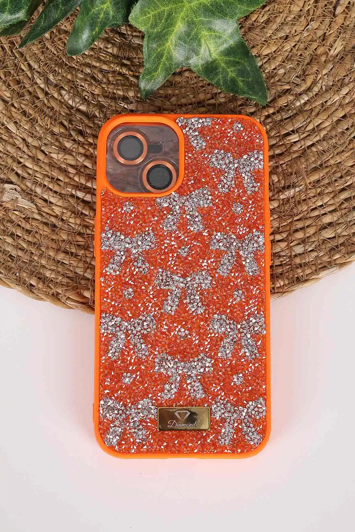 Turuncu TeknoCase İPhone 13 Uyumlu Perfect Diamond Case Serisi Taşlı Lens Hediyeli Sert Silikon Telefon Kılıfı 480776