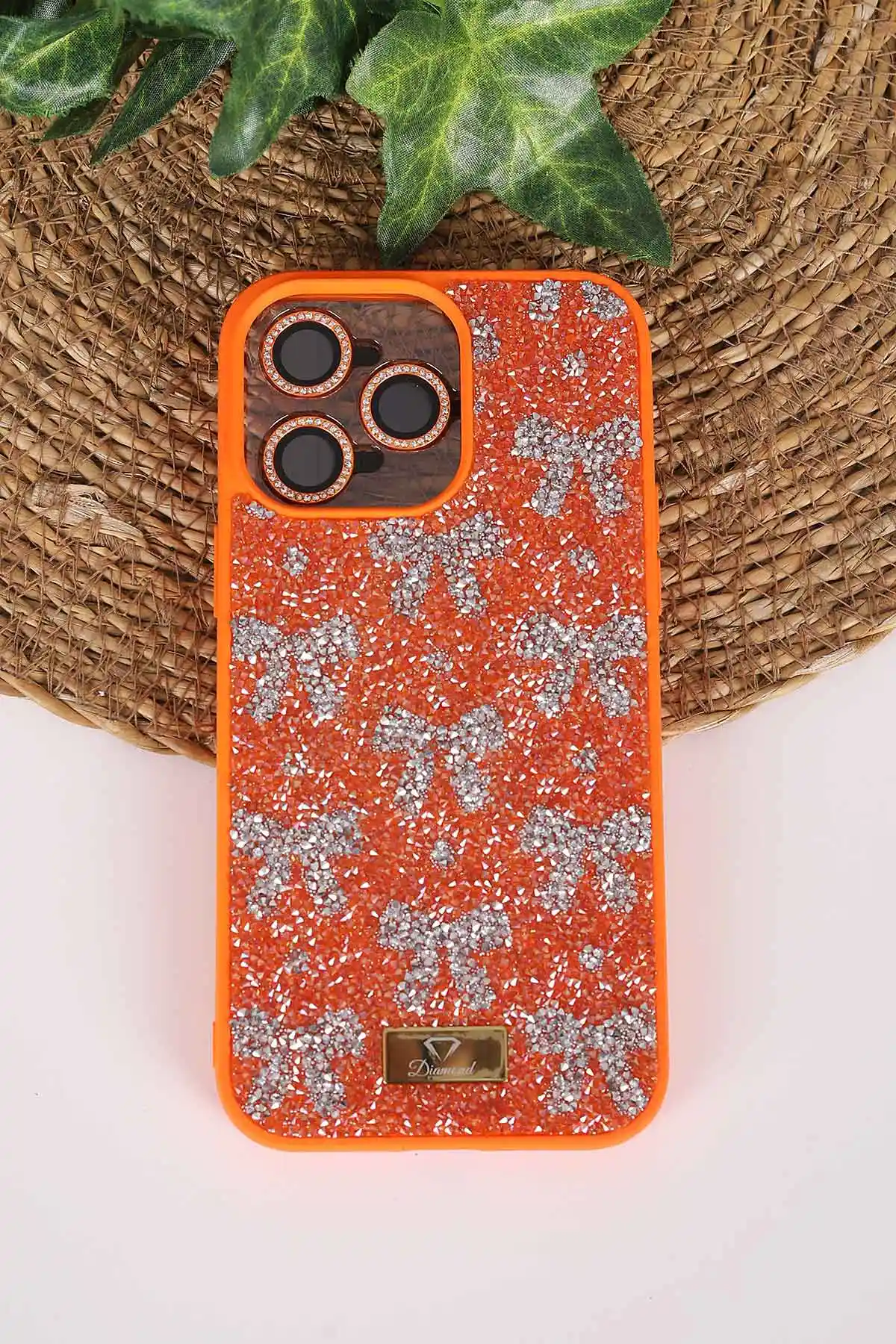 Turuncu TeknoCase İPhone 14 Pro Max Uyumlu Perfect Diamond Case Serisi Taşlı Lens Hediyeli Sert Silikon Telefon Kılıfı 480802