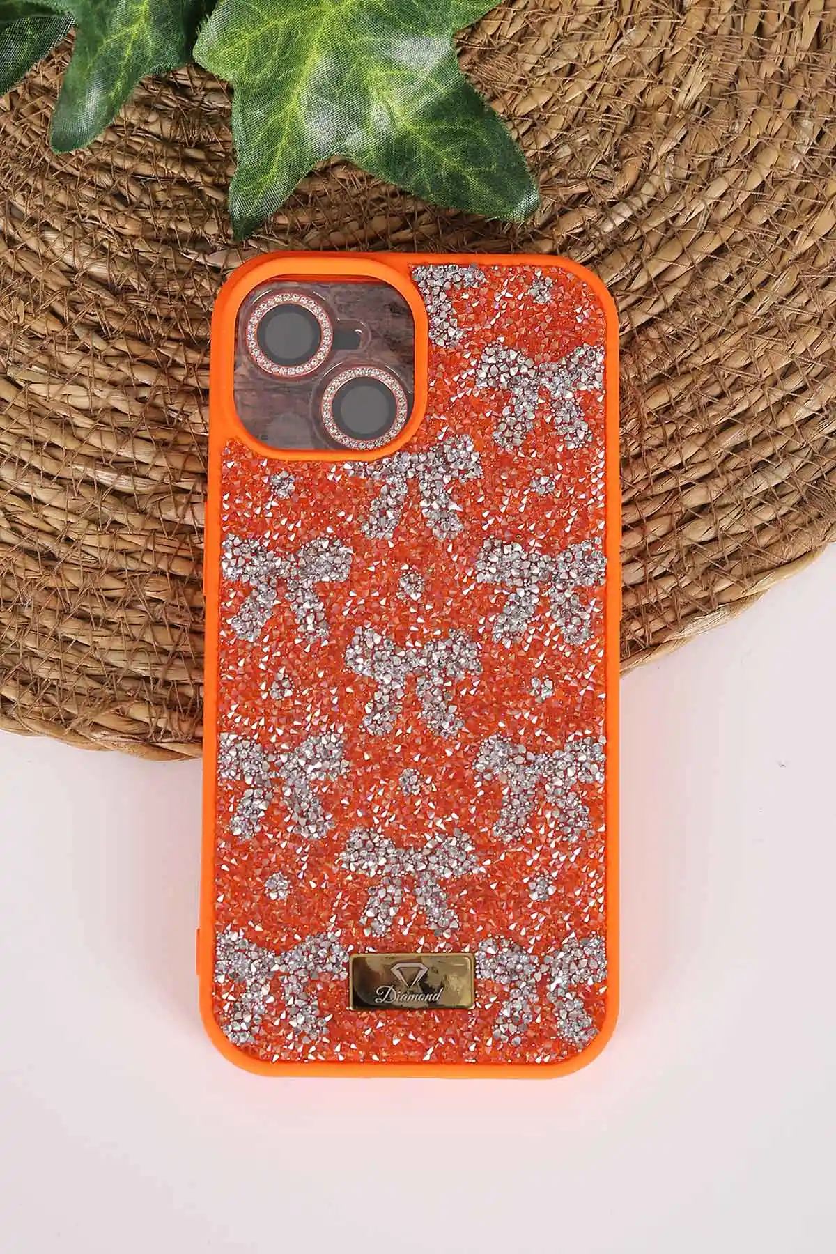 Turuncu TeknoCase İPhone 15 Uyumlu Perfect Diamond Case Serisi Taşlı Lens Hediyeli Sert Silikon Telefon Kılıfı 480812
