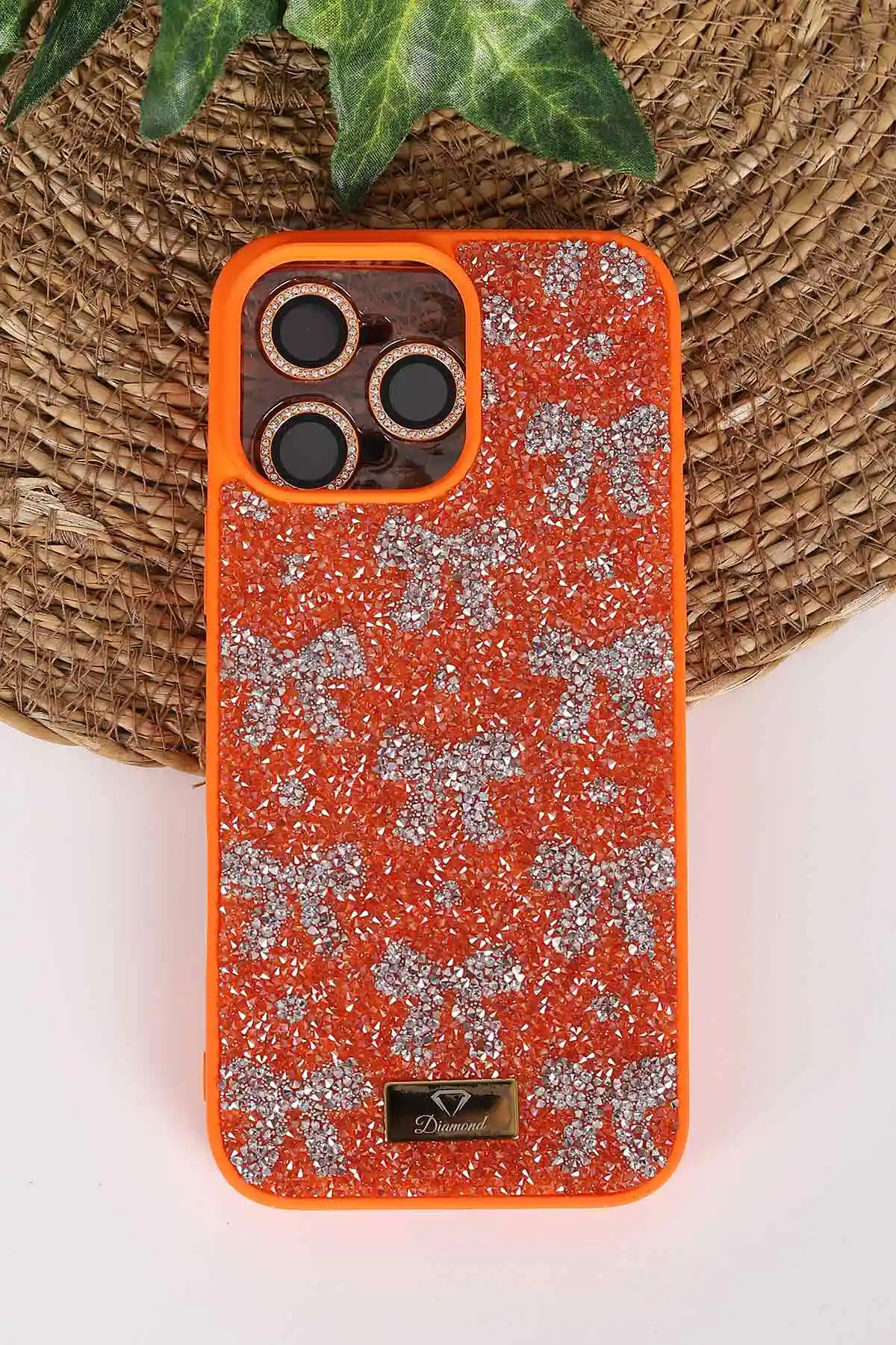 Turuncu TeknoCase İPhone 16 Pro Max Uyumlu Perfect Diamond Case Serisi Taşlı Lens Hediyeli Sert Silikon Telefon Kılıfı 480849