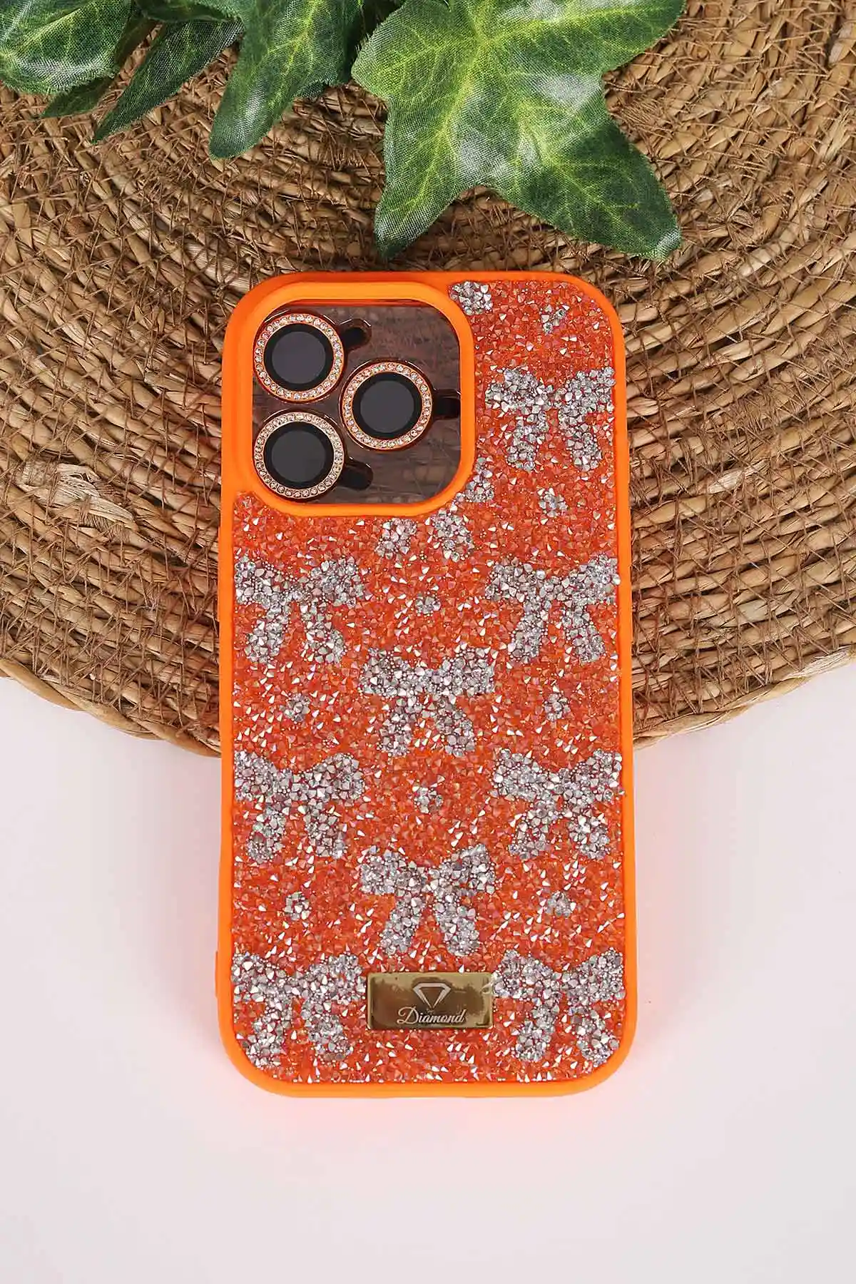 Turuncu TeknoCase İPhone 16 Pro Uyumlu Perfect Diamond Case Serisi Taşlı Lens Hediyeli Sert Silikon Telefon Kılıfı 480839