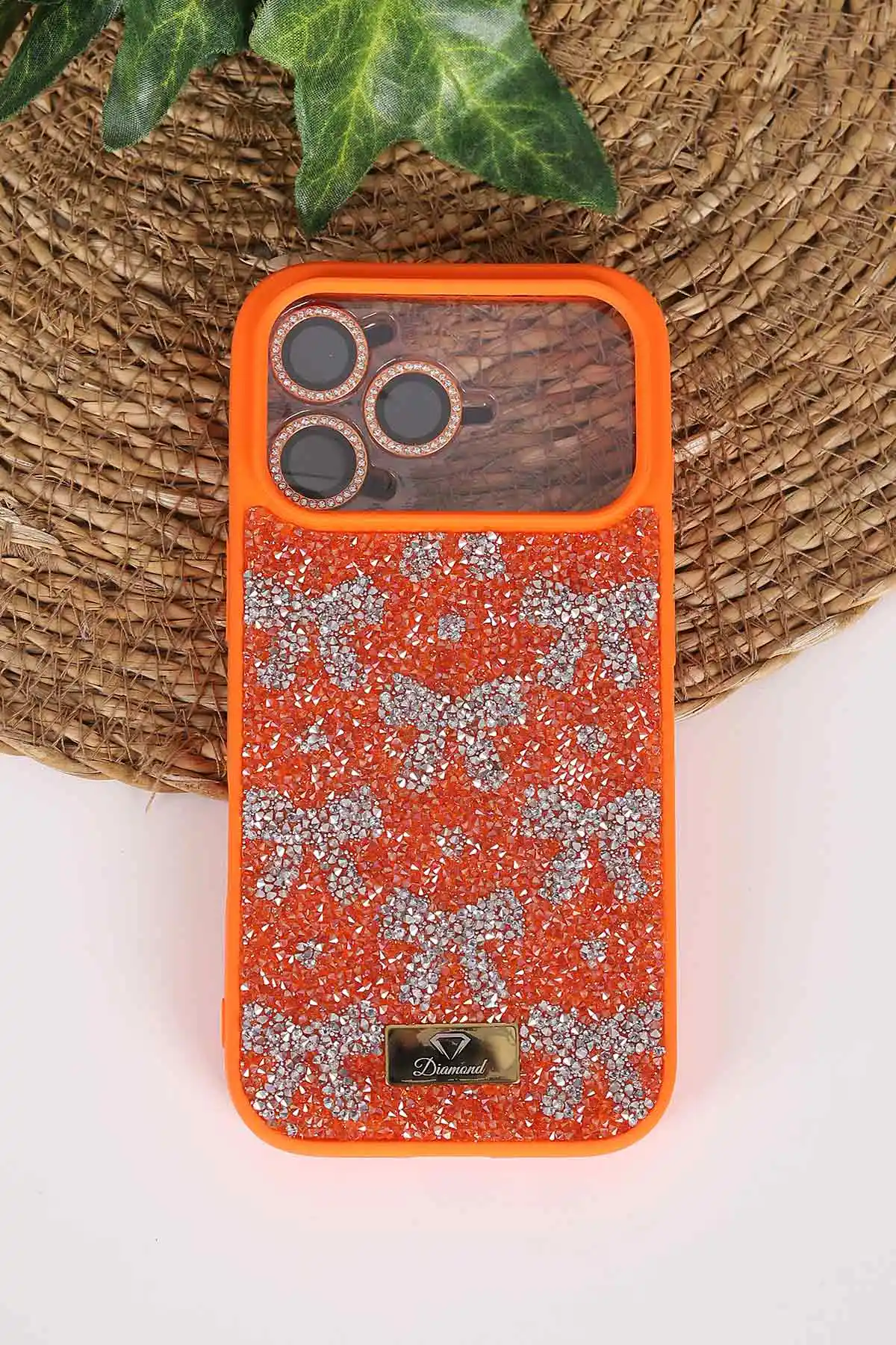 Turuncu TeknoCase İPhone 17 Pro Uyumlu Perfect Diamond Case Serisi Taşlı Lens Hediyeli Sert Silikon Telefon Kılıfı 480861