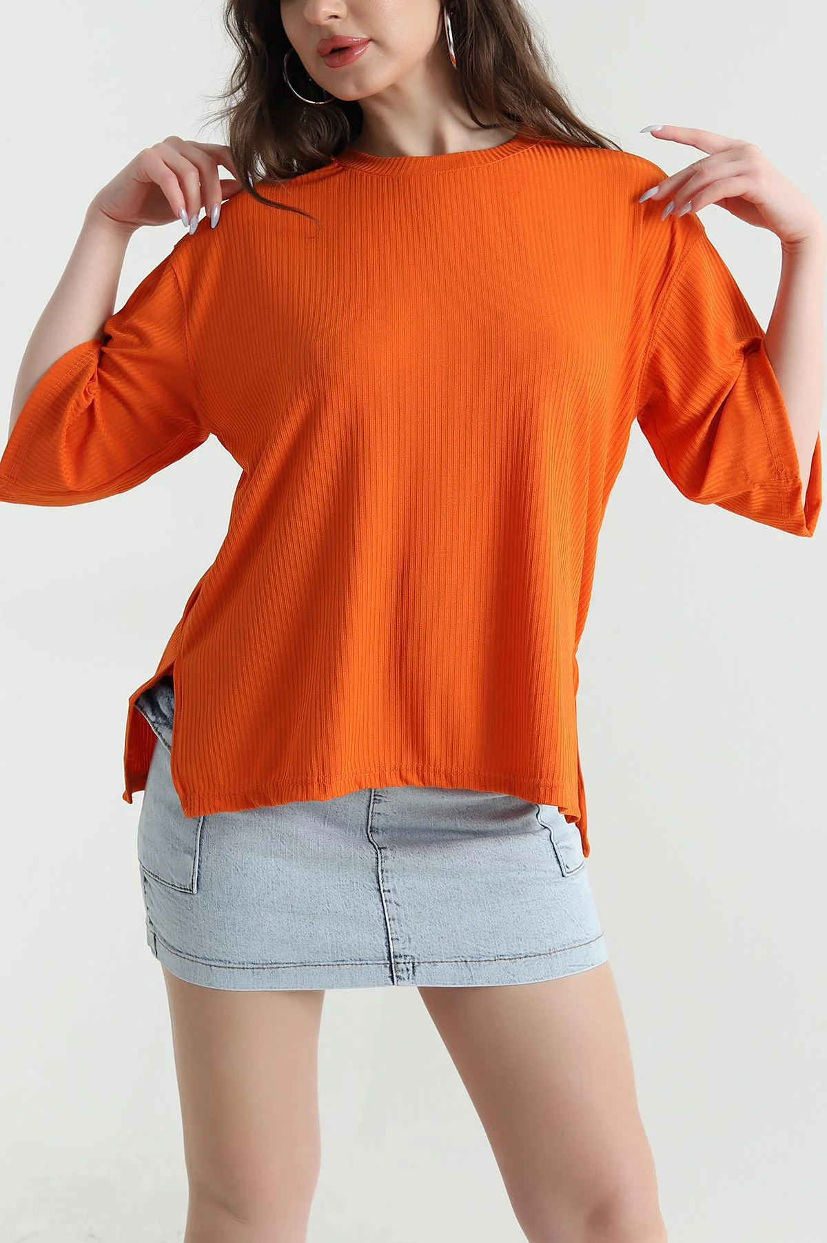 Turuncu Yanı Yırtmaçlı Bisiklet Yaka Kadın Bluz 449527