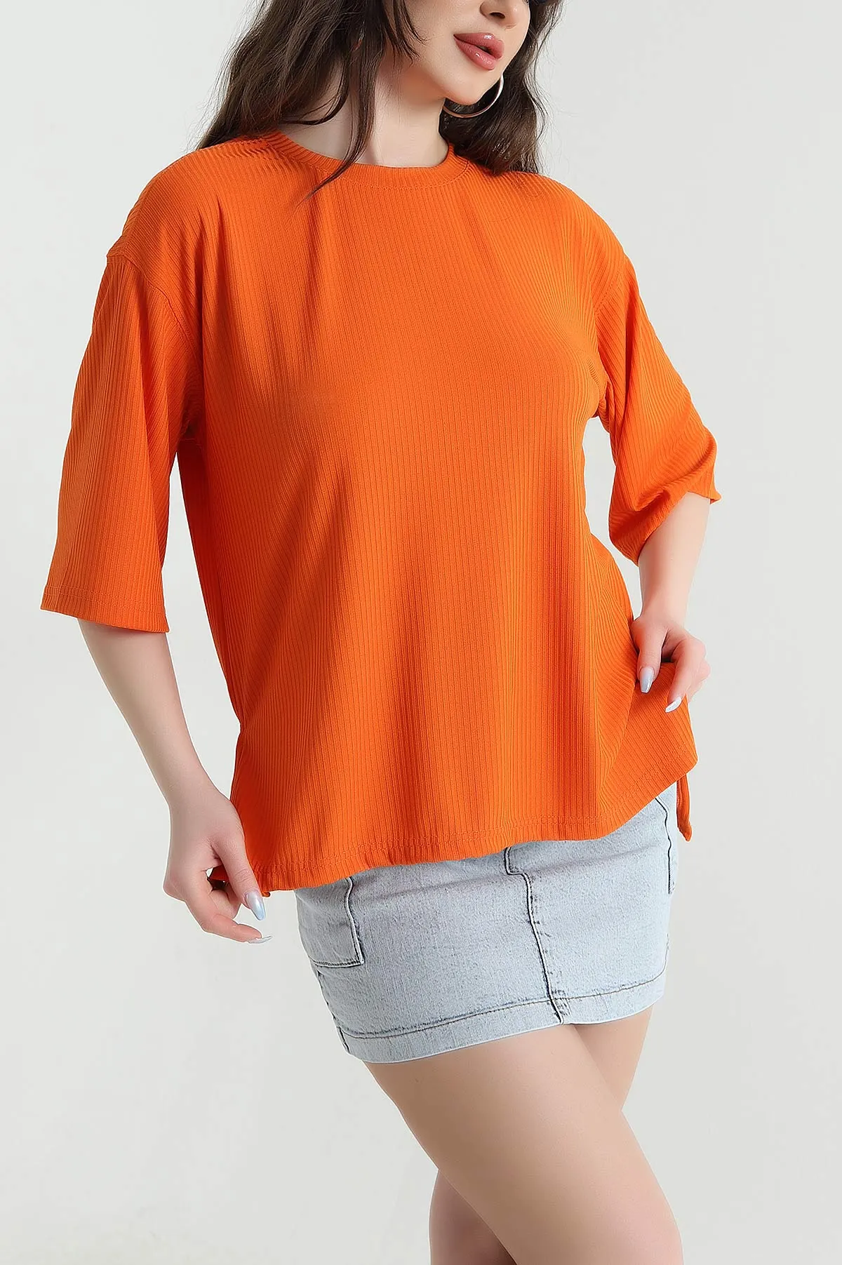 Turuncu Yanı Yırtmaçlı Bisiklet Yaka Kadın Bluz 449527