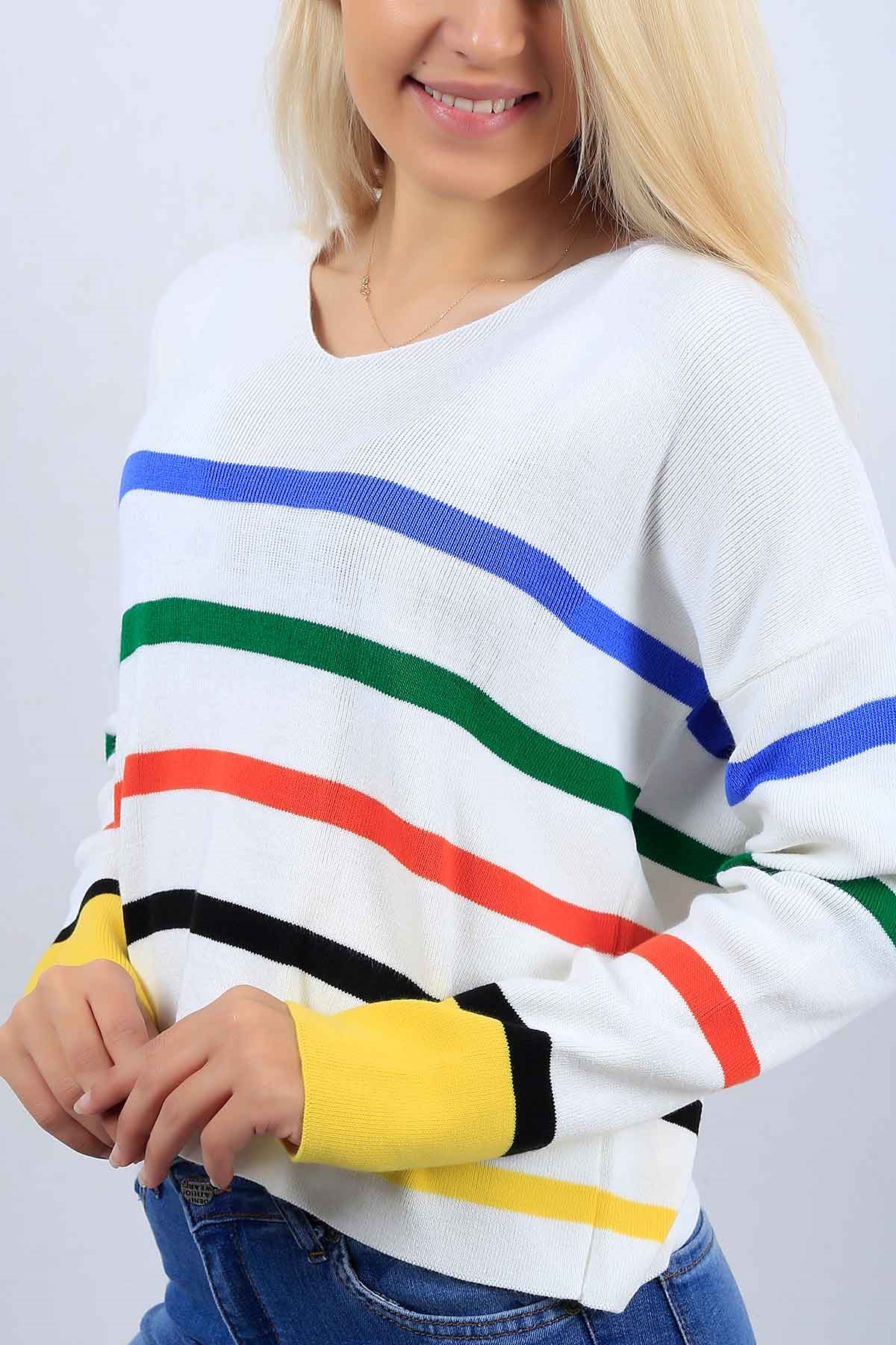 V Yaka Renk Desenli Kazak 4583B