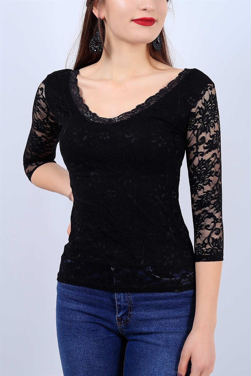 V Yaka Siyah Bayan Dantel Bluz 11600B