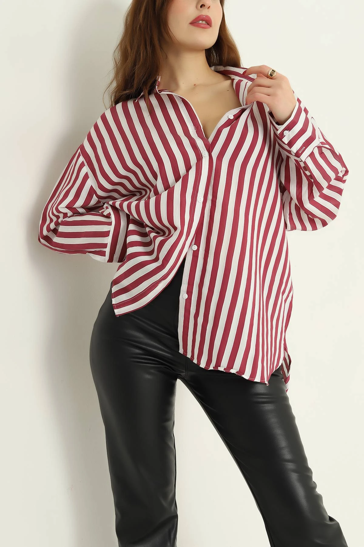 Vişne Çizgili Oversize Mikro Saten Gömlek 332416