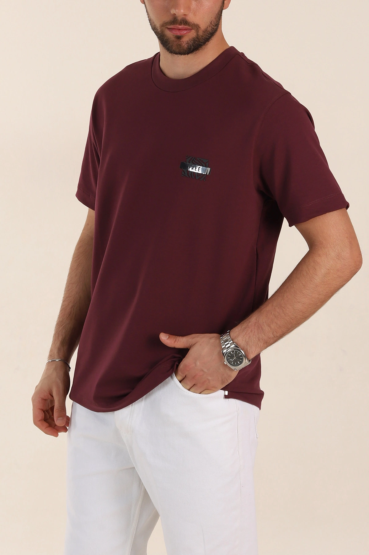 Vişne Relaxed Fit Baskılı Yazı Detaylı Erkek Tişört 358546