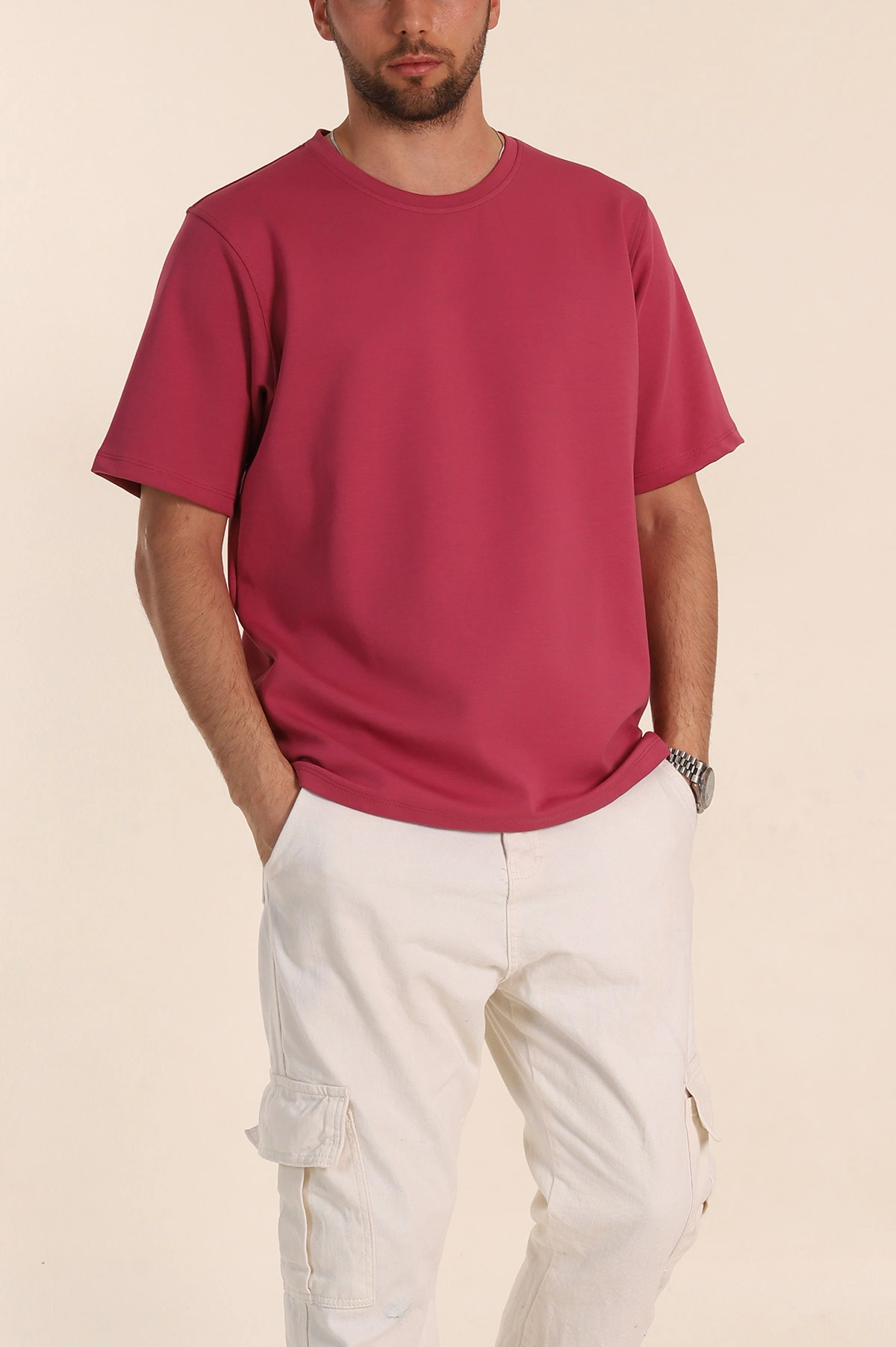 Vişne Relaxed Fit Double Face Basic Erkek Tişört 348944