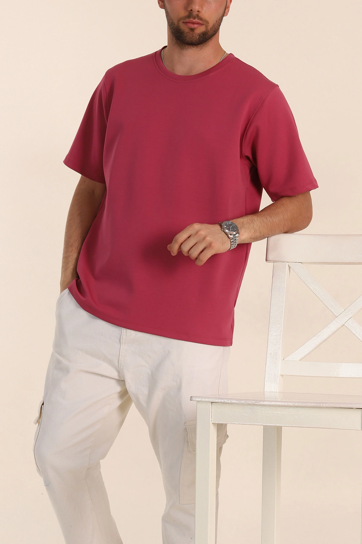 Vişne Relaxed Fit Double Face Basic Erkek Tişört 348944