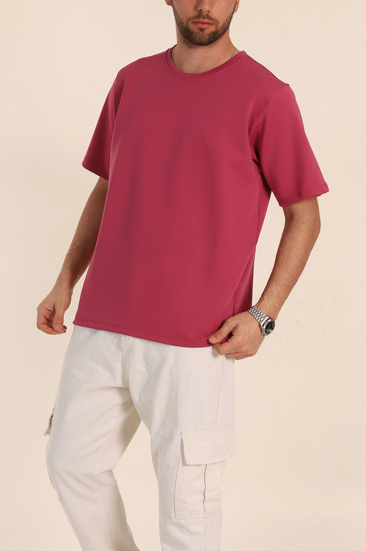 Vişne Relaxed Fit Double Face Basic Erkek Tişört 348944