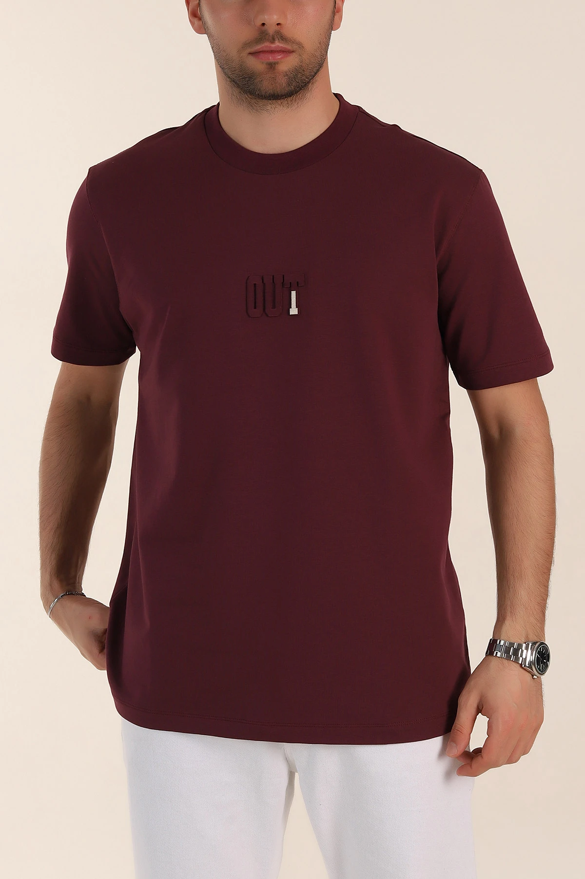 Vişne Relaxed Fit Kabartma Yazı Detaylı Erkek Tişört 358497
