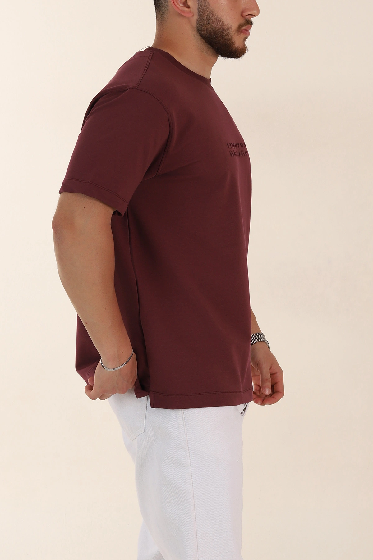 Vişne Relaxed Fit Kabartma Yazı Detaylı Erkek Tişört 358509