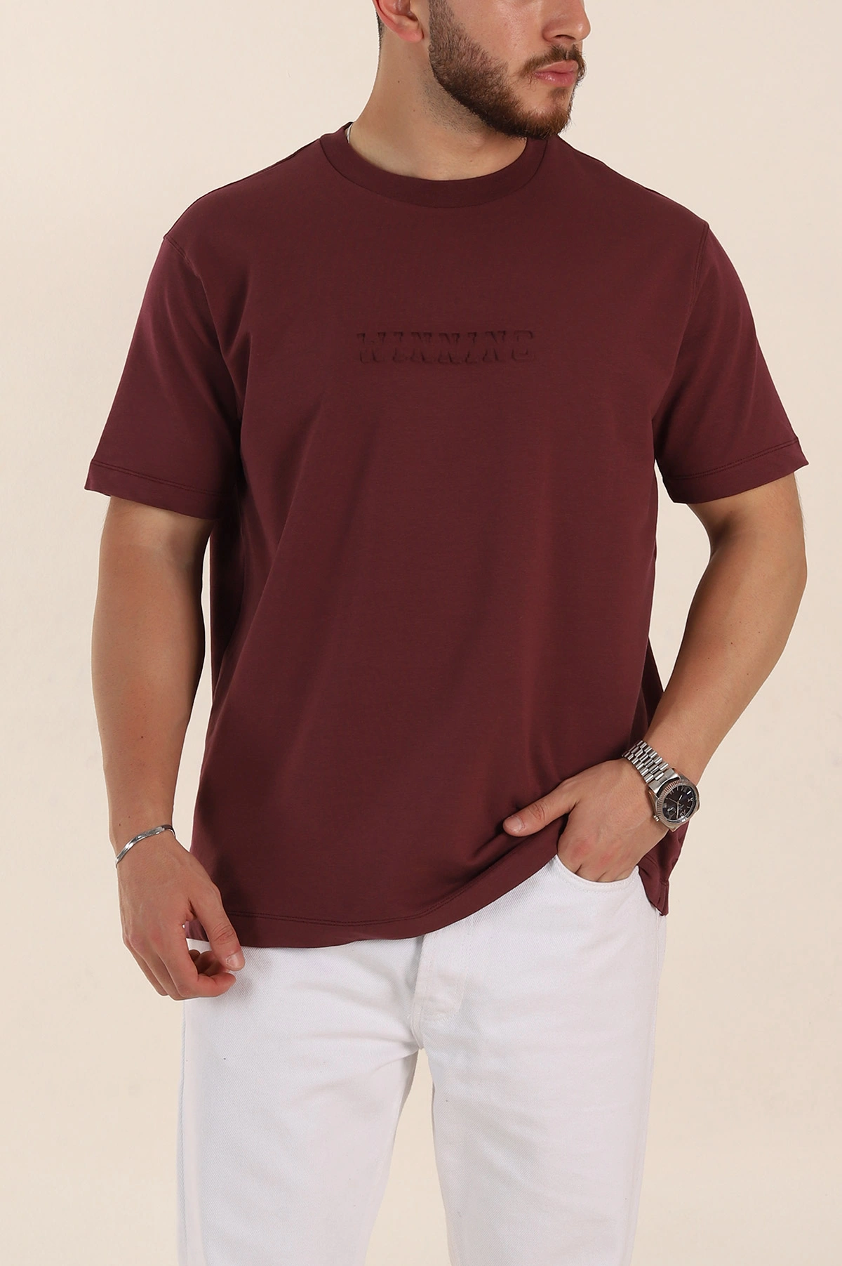 Vişne Relaxed Fit Kabartma Yazı Detaylı Erkek Tişört 358509