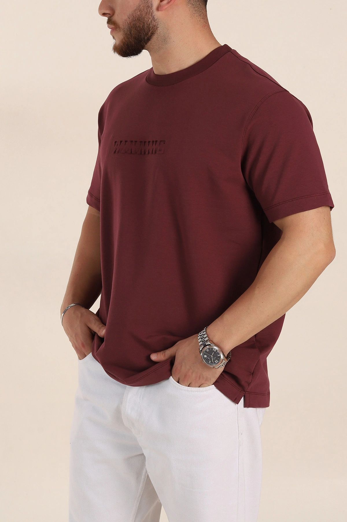Vişne Relaxed Fit Kabartma Yazı Detaylı Erkek Tişört 358509