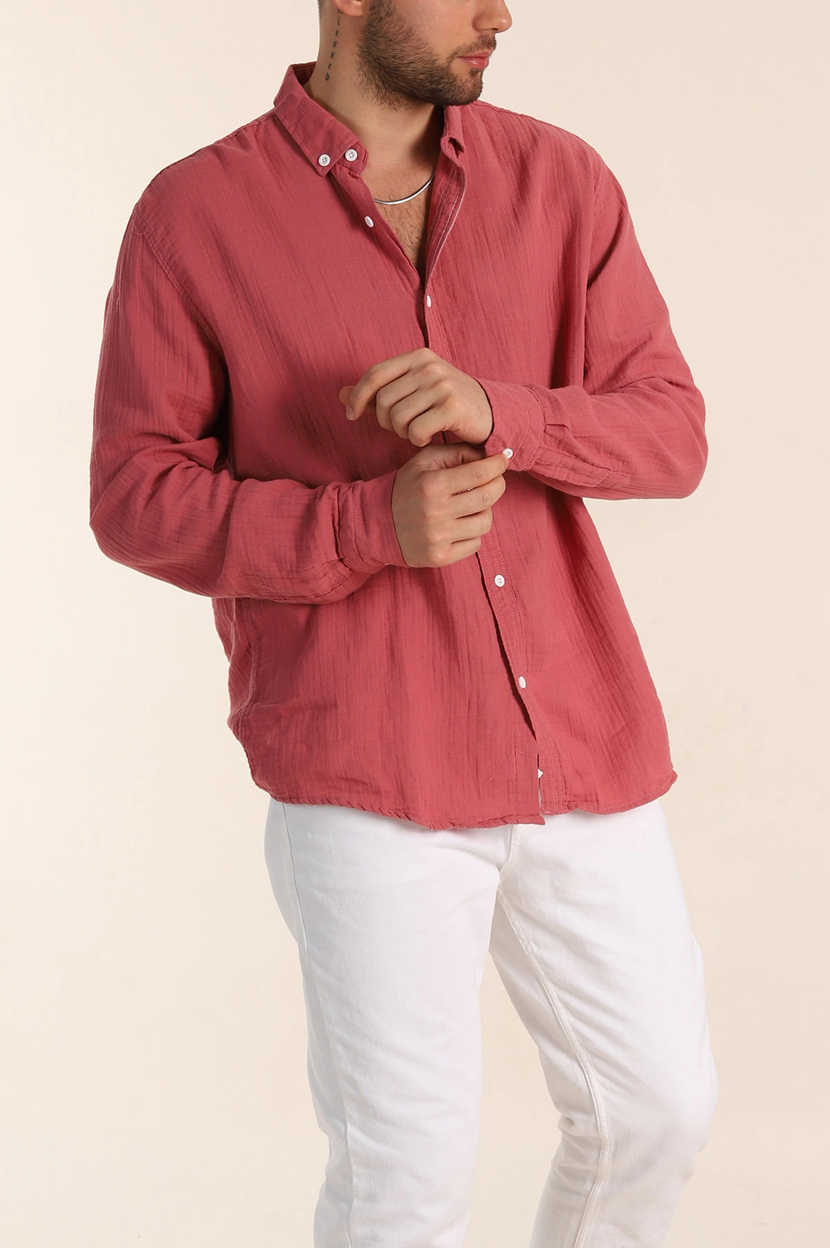 Vişne Relaxed Fit Müslin Keten Ata Yaka Erkek Gömlek 339160