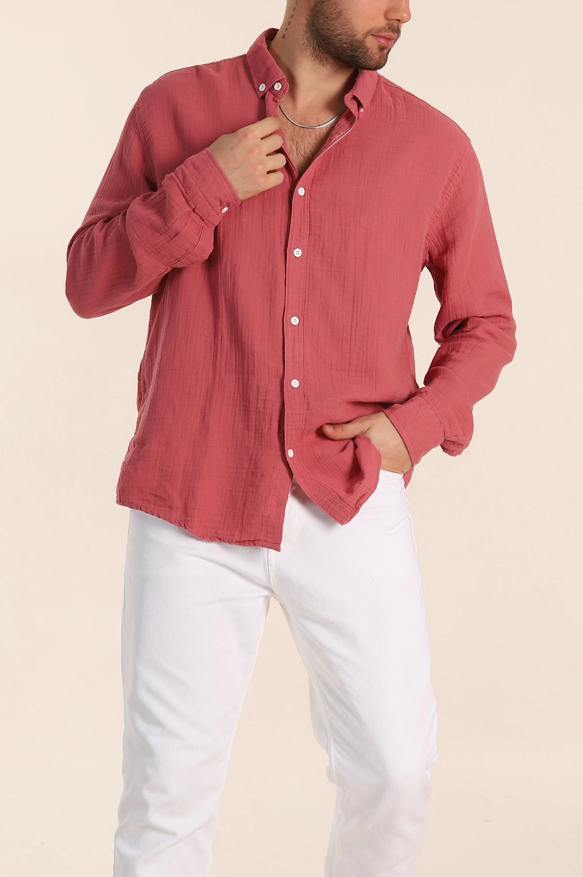Vişne Relaxed Fit Müslin Keten Ata Yaka Erkek Gömlek 339160