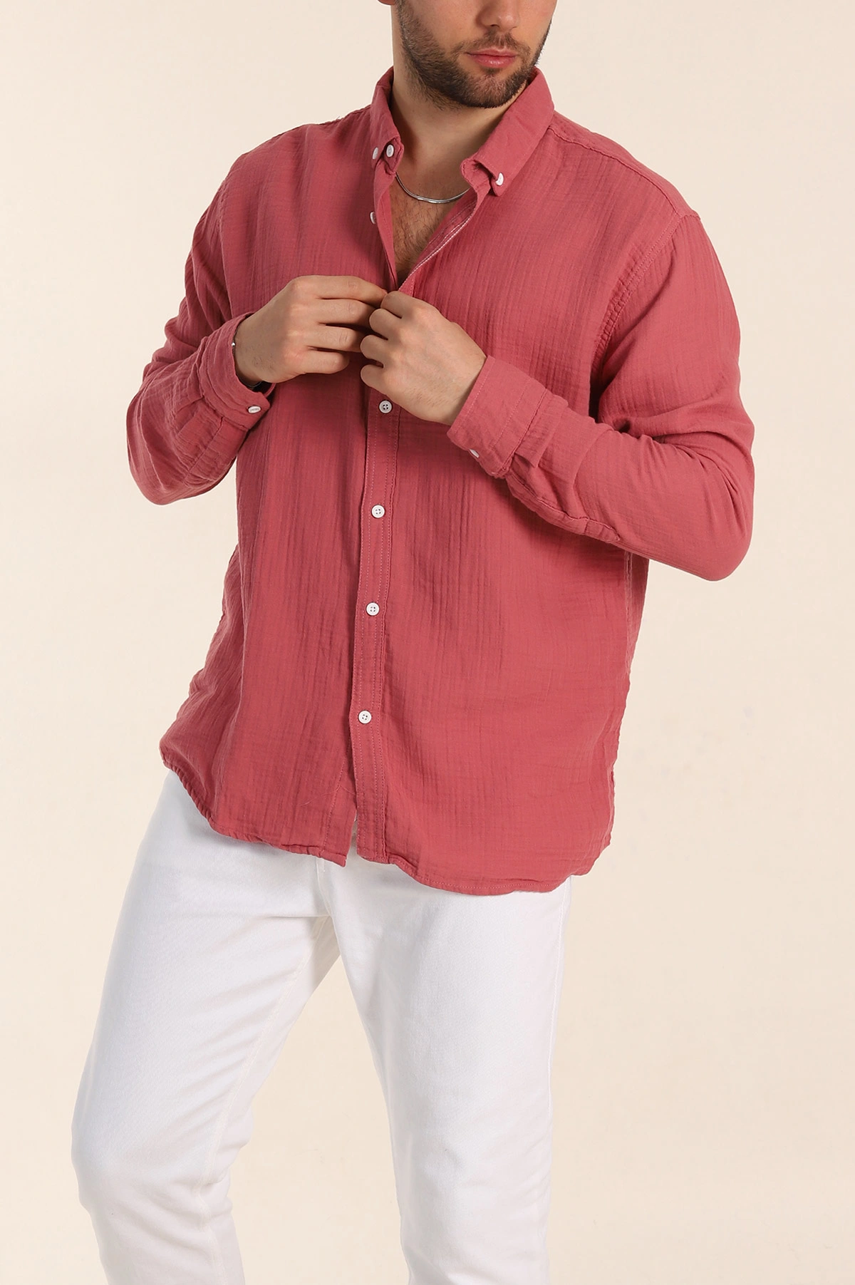 Vişne Relaxed Fit Müslin Keten Ata Yaka Erkek Gömlek 339160