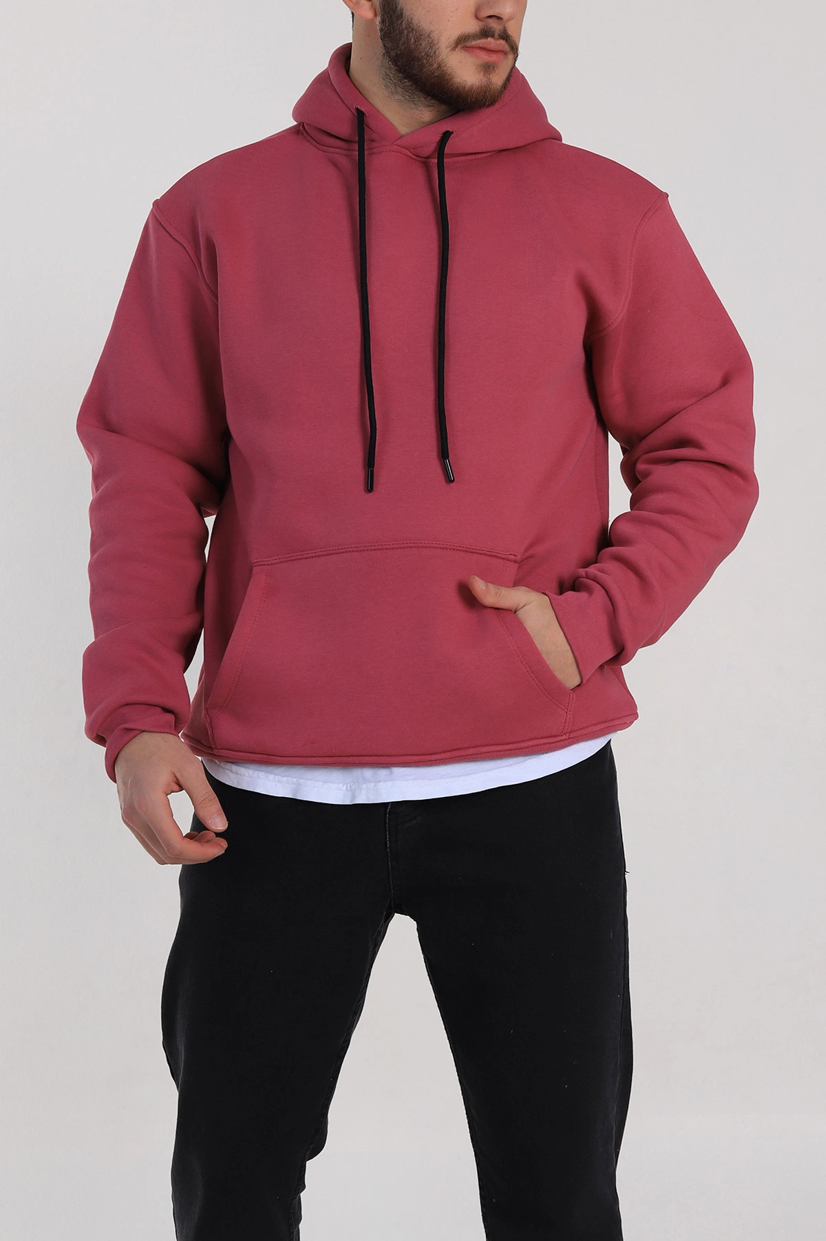 Vişne Relaxed Fit Üç İp Şardonlu Kapüşonlu Basic Erkek Sweatshirt 332704