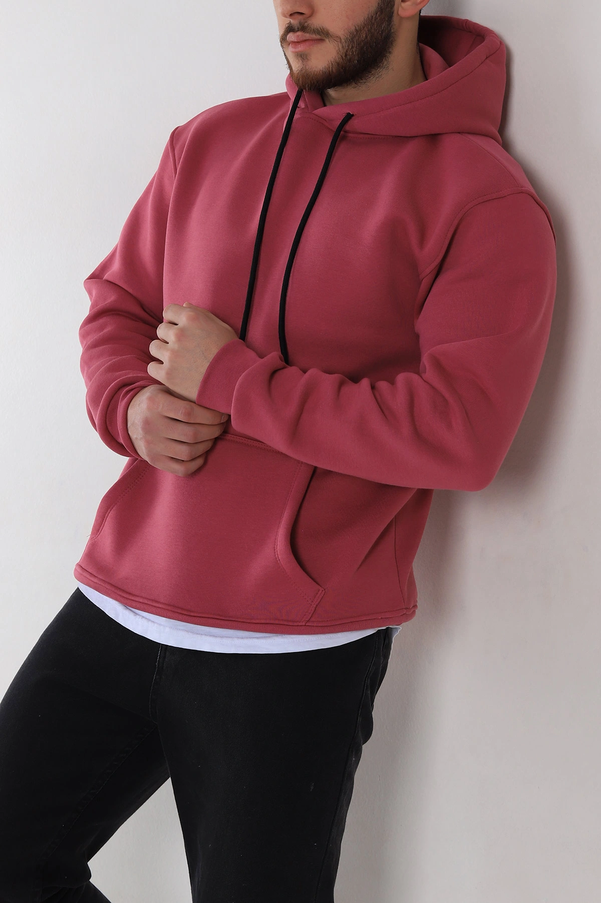 Vişne Relaxed Fit Üç İp Şardonlu Kapüşonlu Basic Erkek Sweatshirt 332704