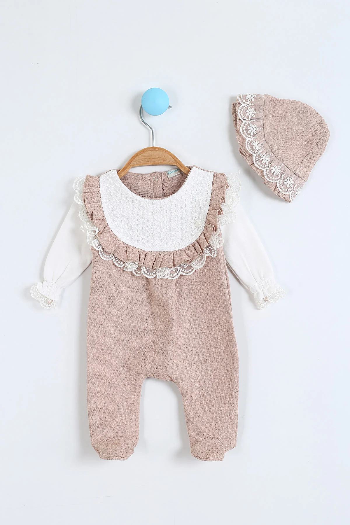 Vizon (3-12 Ay)Güpürlü Patik Detaylı Şapkalı Kız Bebek Tulum 304159