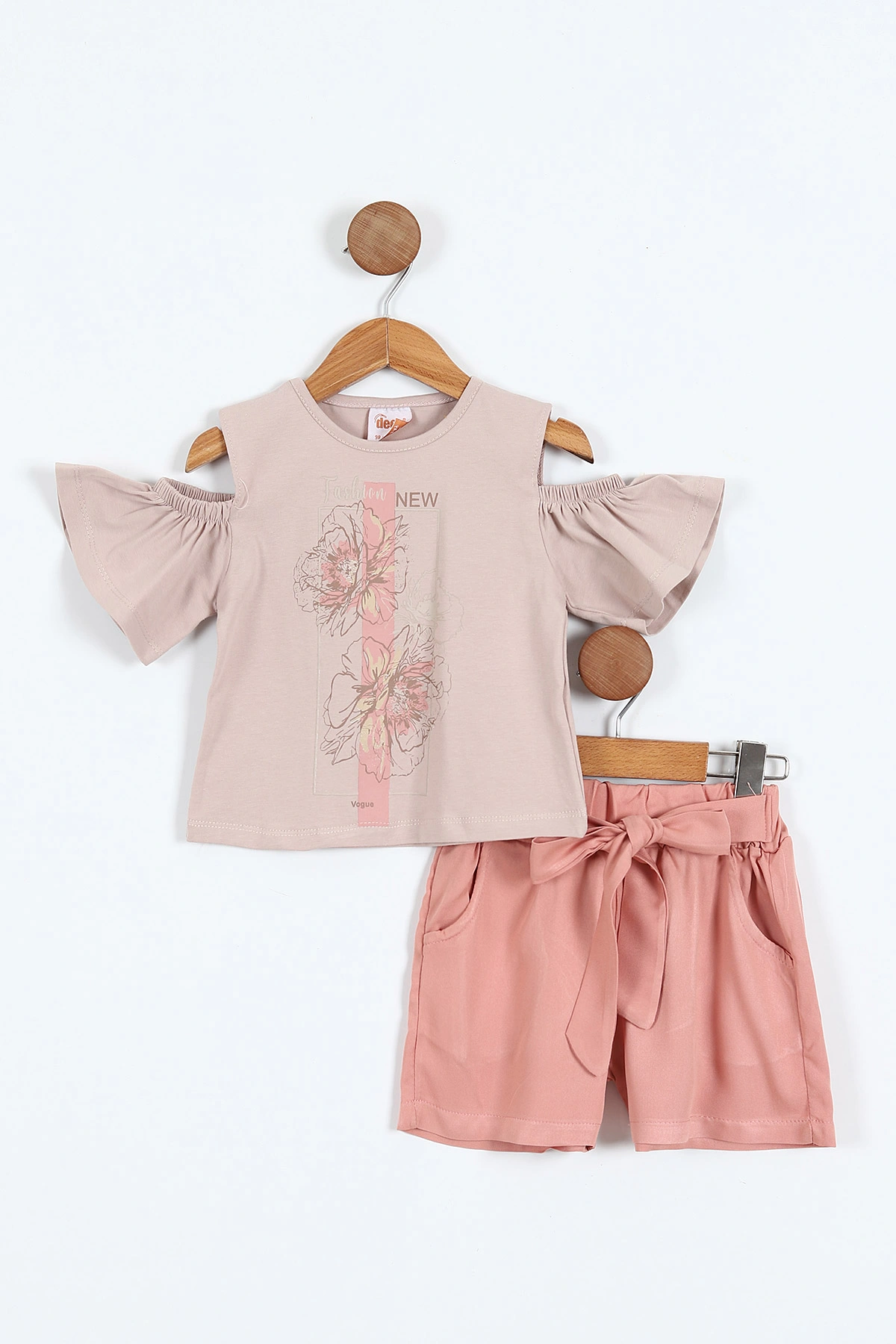 Vizon (3-7 Yaş) Fashion Baskılı Açık Omuz Detaylı Kemerli Şortlu Kız Çocuk Yazlık Takım 361720