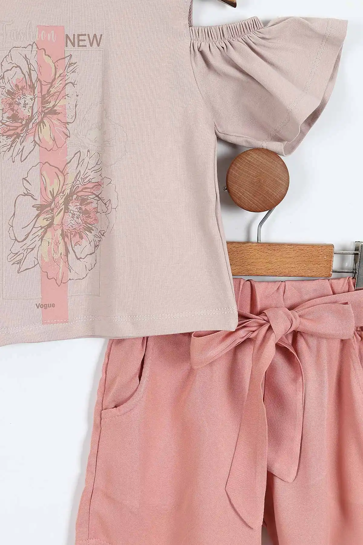 Vizon (3-7 Yaş) Fashion Baskılı Açık Omuz Detaylı Kemerli Şortlu Kız Çocuk Yazlık Takım 361720
