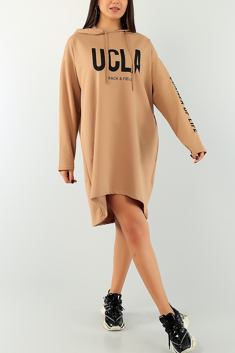 Vizon Baskılı Kapüşonlu Tunik Elbise 74659
