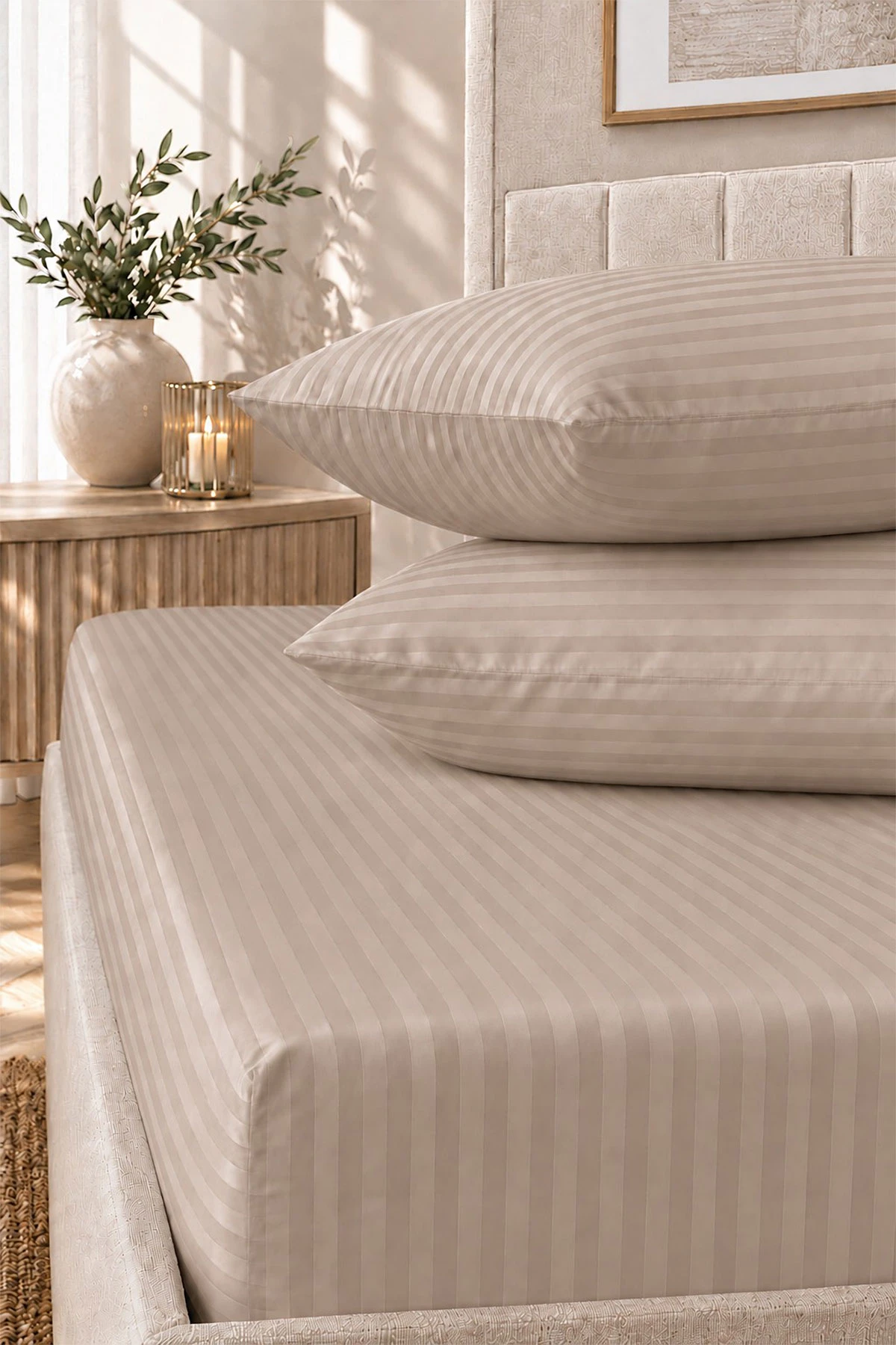 Vizon Bella Home 160x200 Cm Çift Kişilik Çizgili Saten Çarşaf Seti 483030