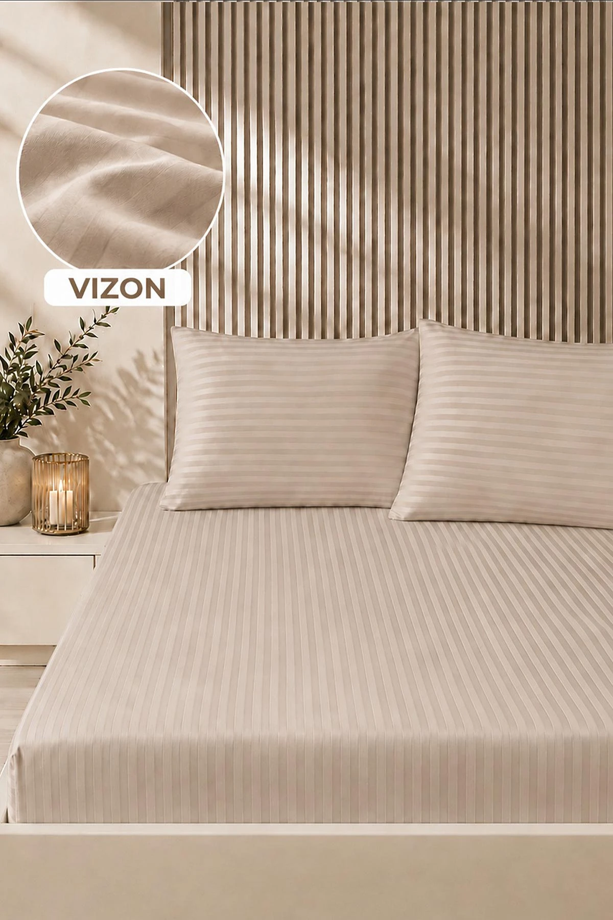 Vizon Bella Home 160x200 Cm Çift Kişilik Çizgili Saten Çarşaf Seti 483030