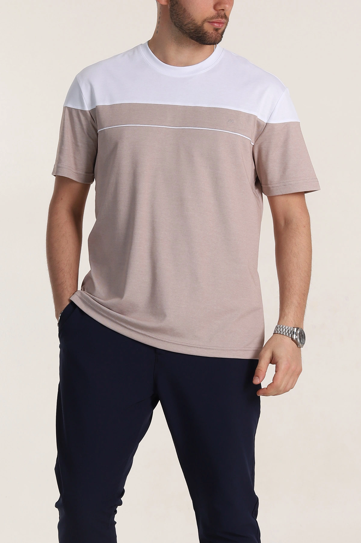 Vizon Beyaz Çift Renk Regular Fit Jakarlı Erkek Tişört 346248