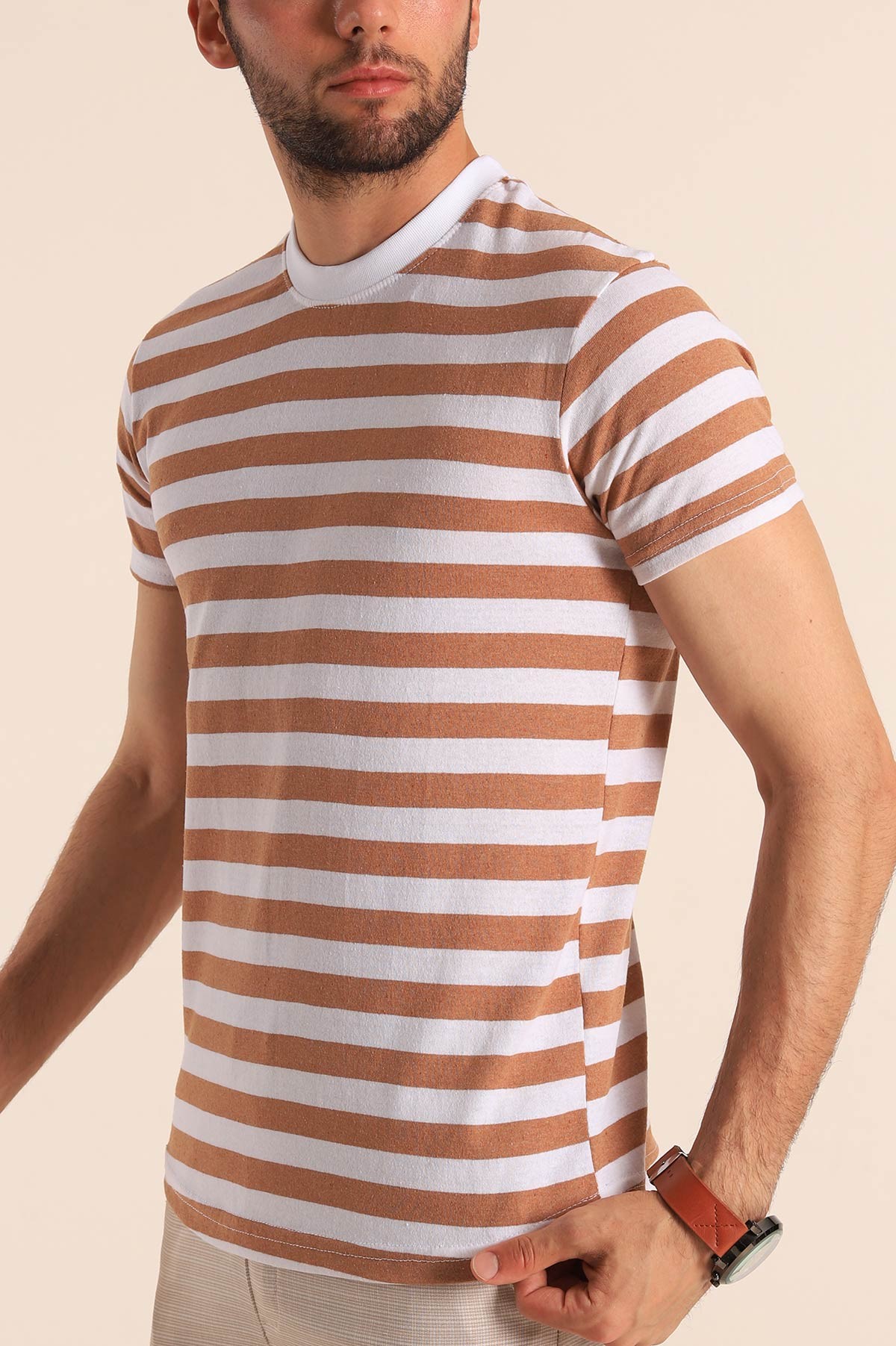 Vizon Beyaz Çizgili Regular Fit Erkek Tişört 188014