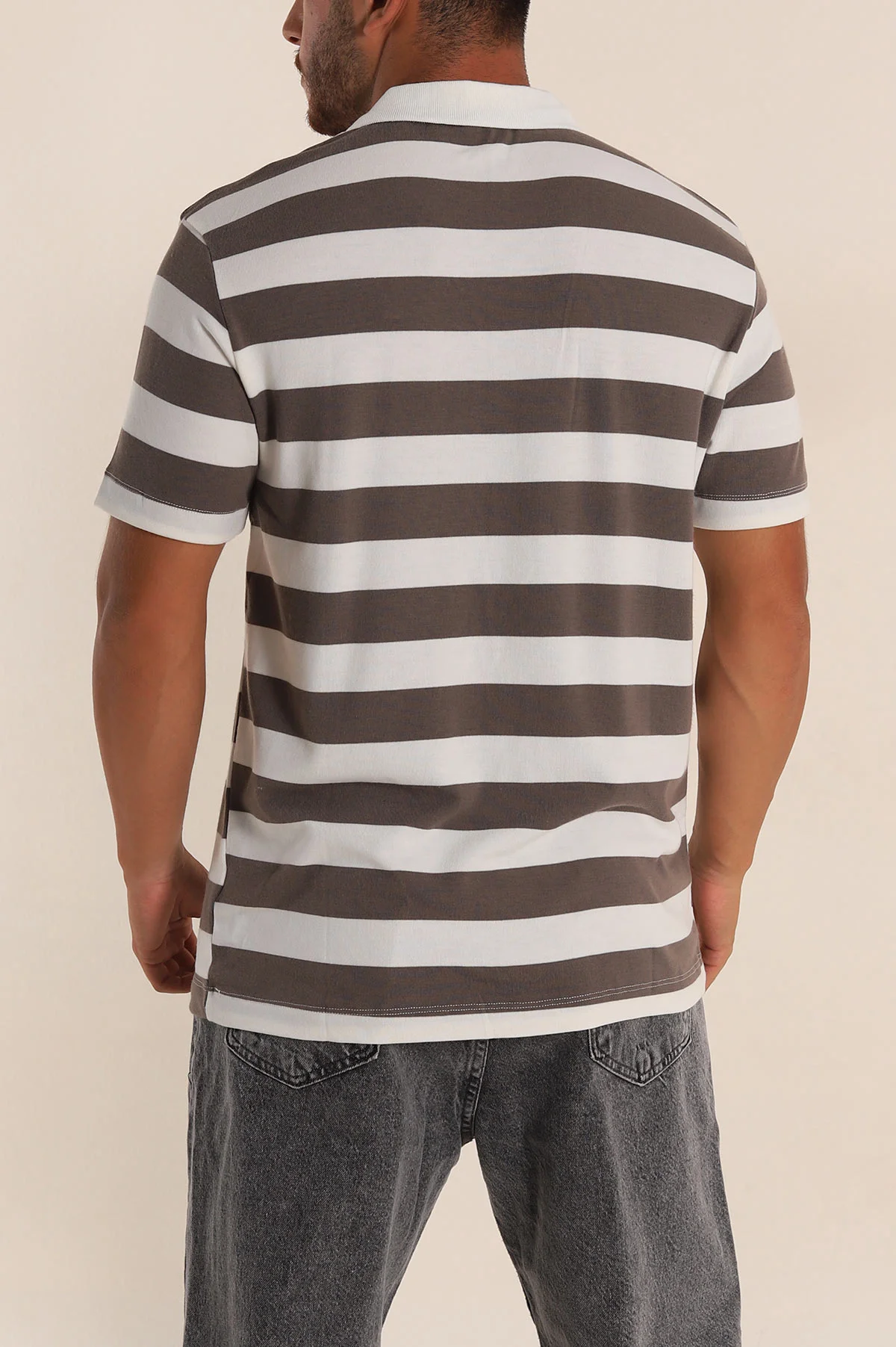 Vizon Beyaz Çizgili Relaxed Fit Polo Yaka Erkek Triko Tişört 279237