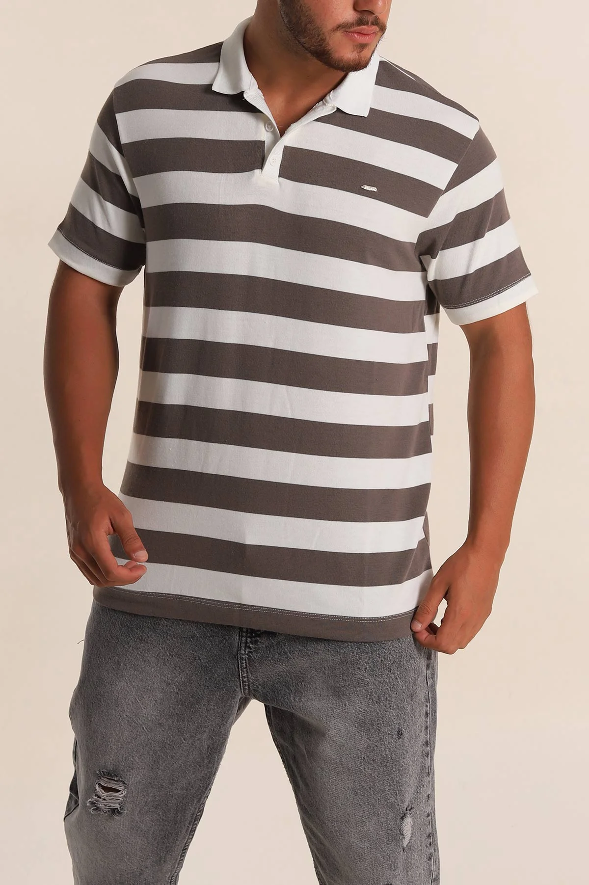 Vizon Beyaz Çizgili Relaxed Fit Polo Yaka Erkek Triko Tişört 279237