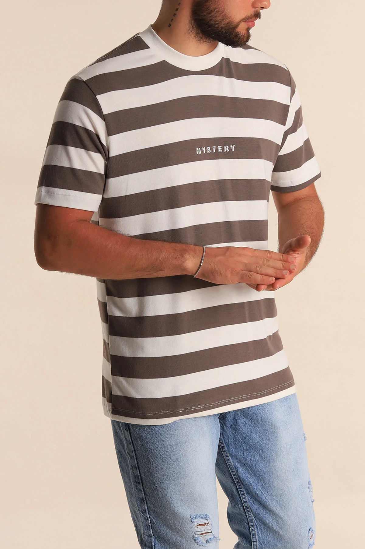 Vizon Beyaz Çizgili Relaxed Fit Yazı Detay Erkek Triko Tişört 279247