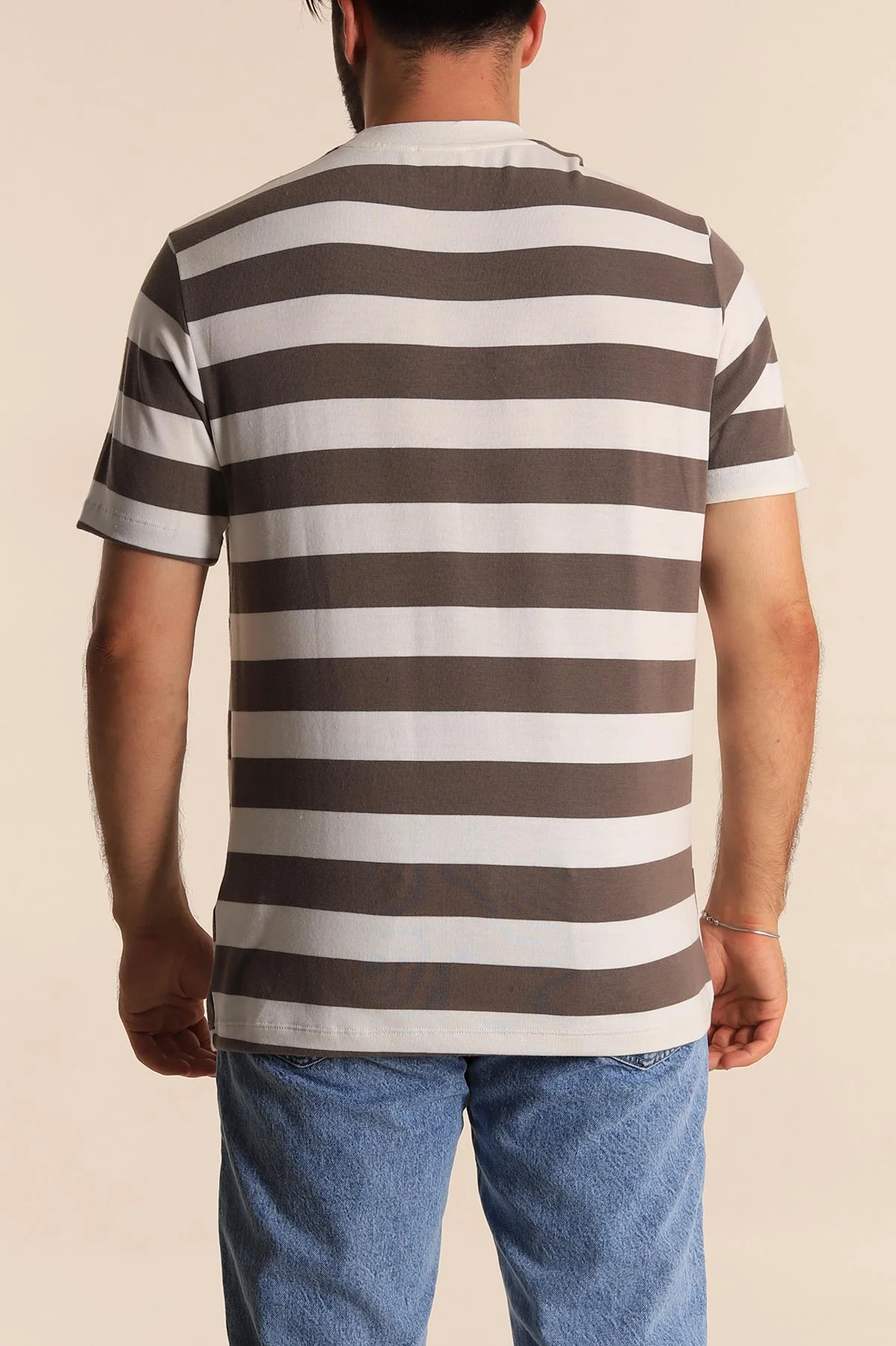 Vizon Beyaz Çizgili Relaxed Fit Yazı Detay Erkek Triko Tişört 279247