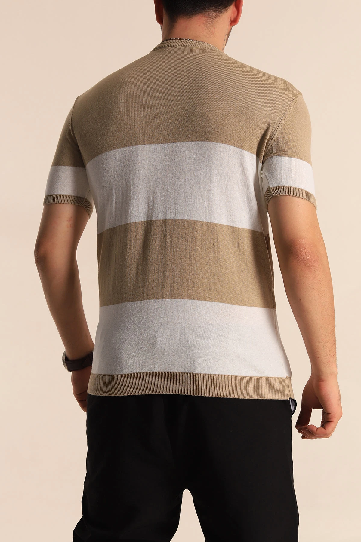 Vizon Beyaz Geniş Çizgili Slim Fit Erkek Triko Tişört 260934