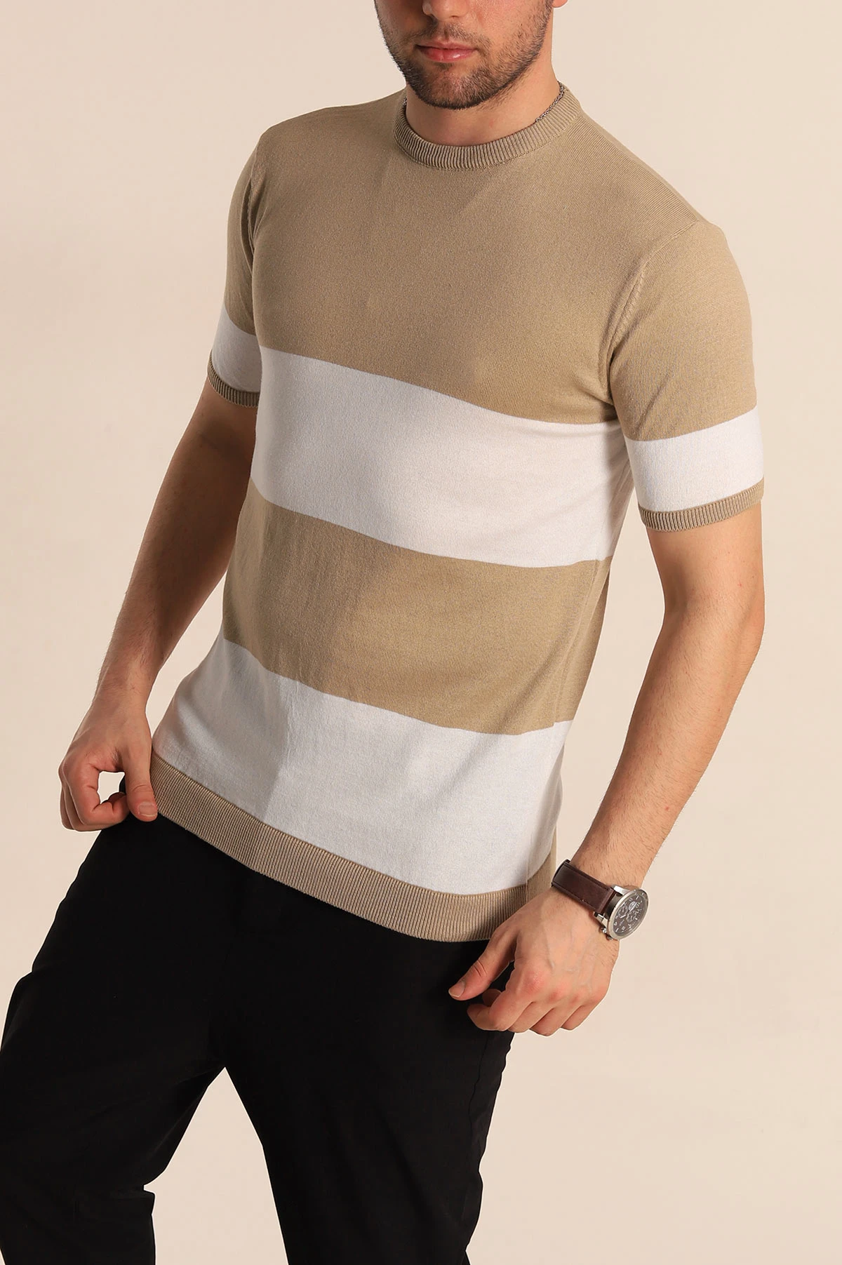 Vizon Beyaz Geniş Çizgili Slim Fit Erkek Triko Tişört 260934