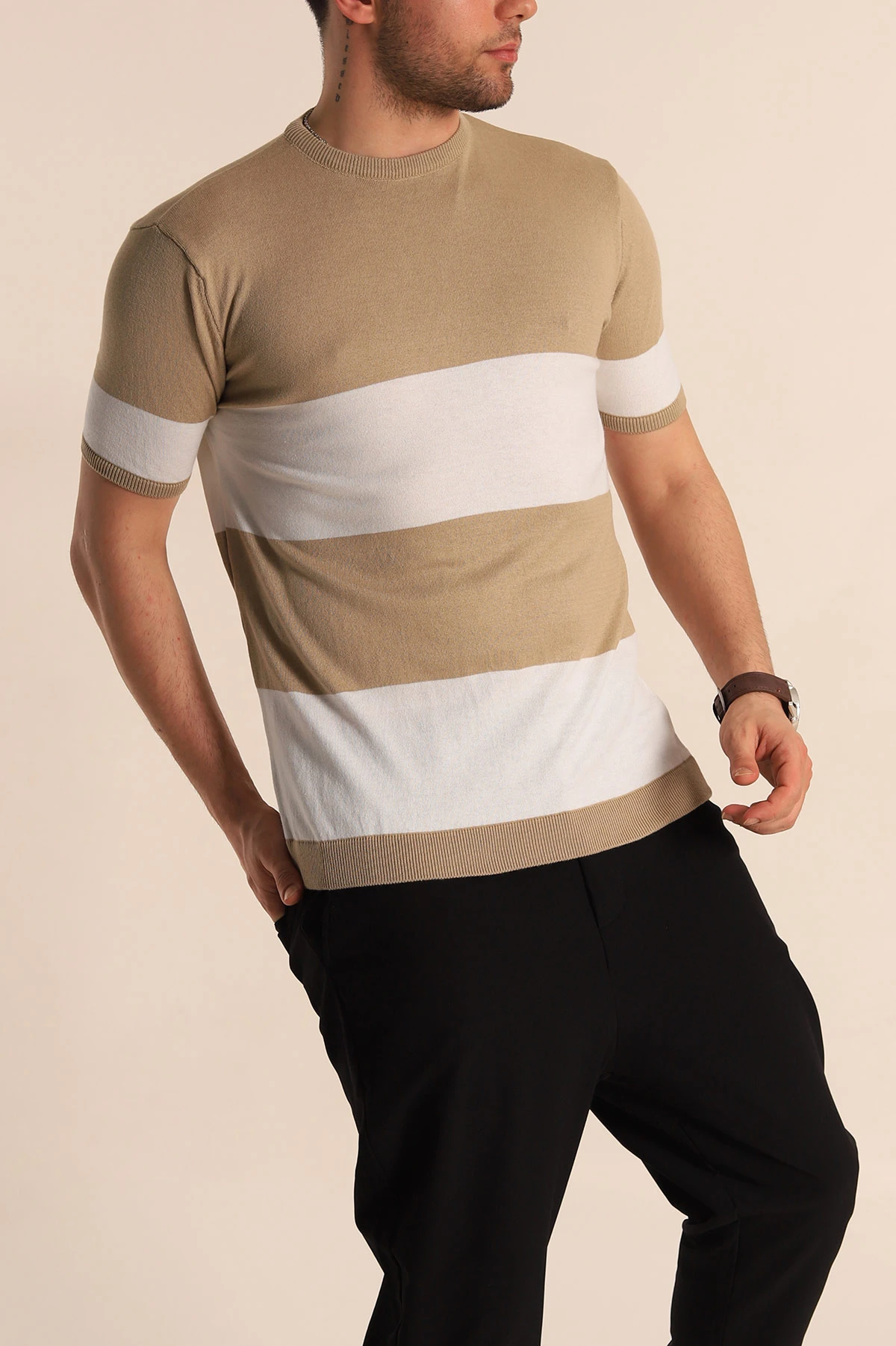 Vizon Beyaz Geniş Çizgili Slim Fit Erkek Triko Tişört 260934
